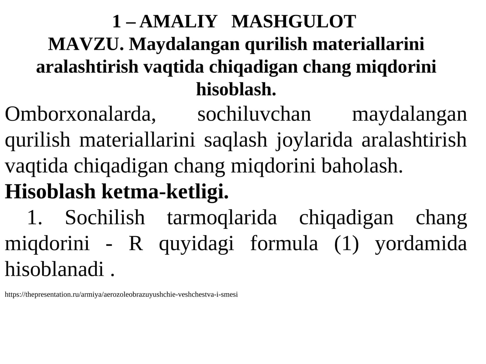 Maydalangan qurilish materiallarini aralashtirish vaqtida chiqadigan chang miqdorini hisoblash