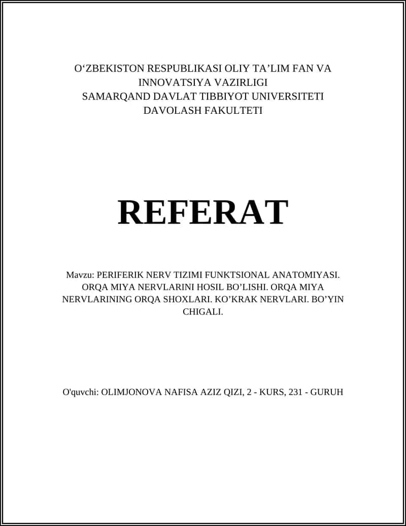 PERIFERIK NERV TIZIMI FUNKTSIONAL ANATOMIYASI