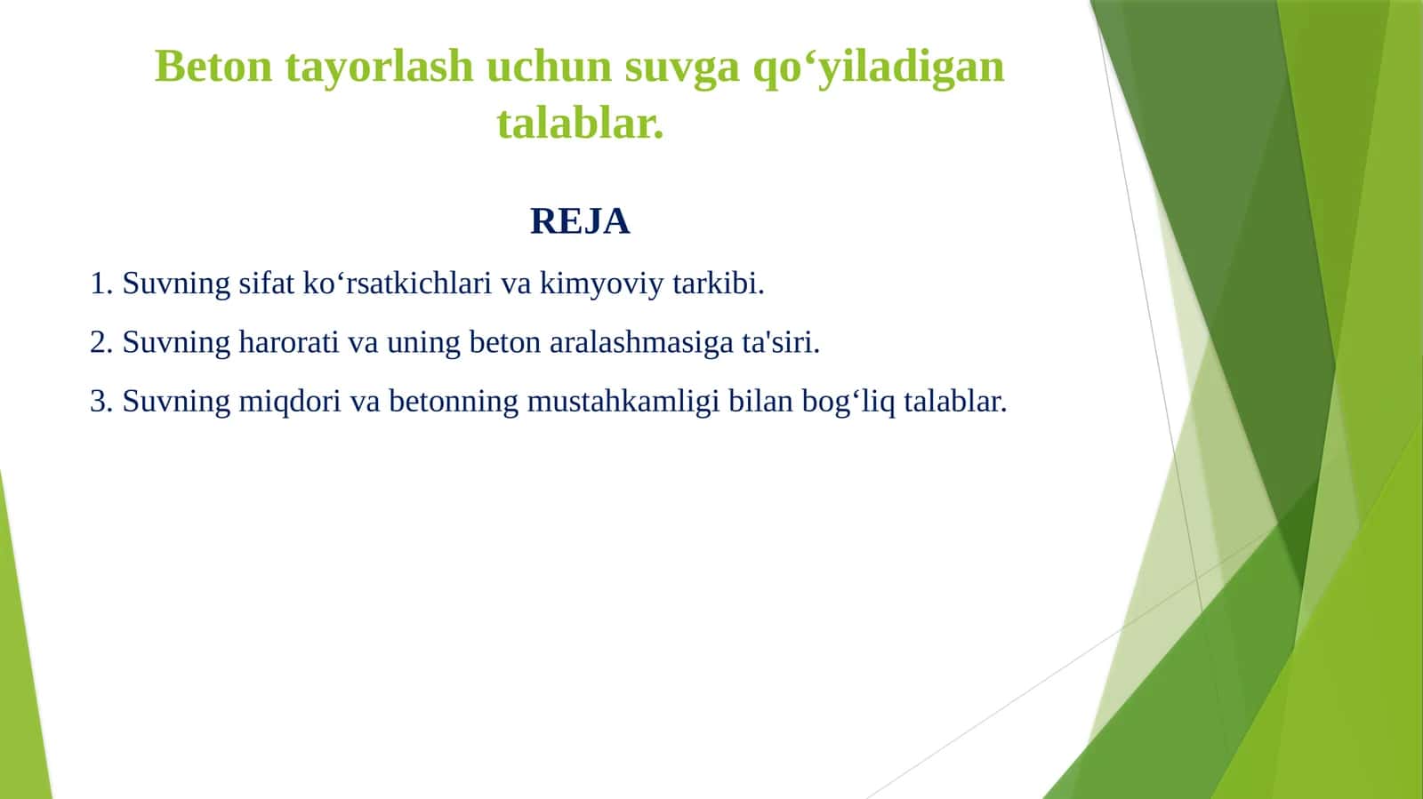 Beton tayorlash uchun suvga qo‘yiladigan talablar.