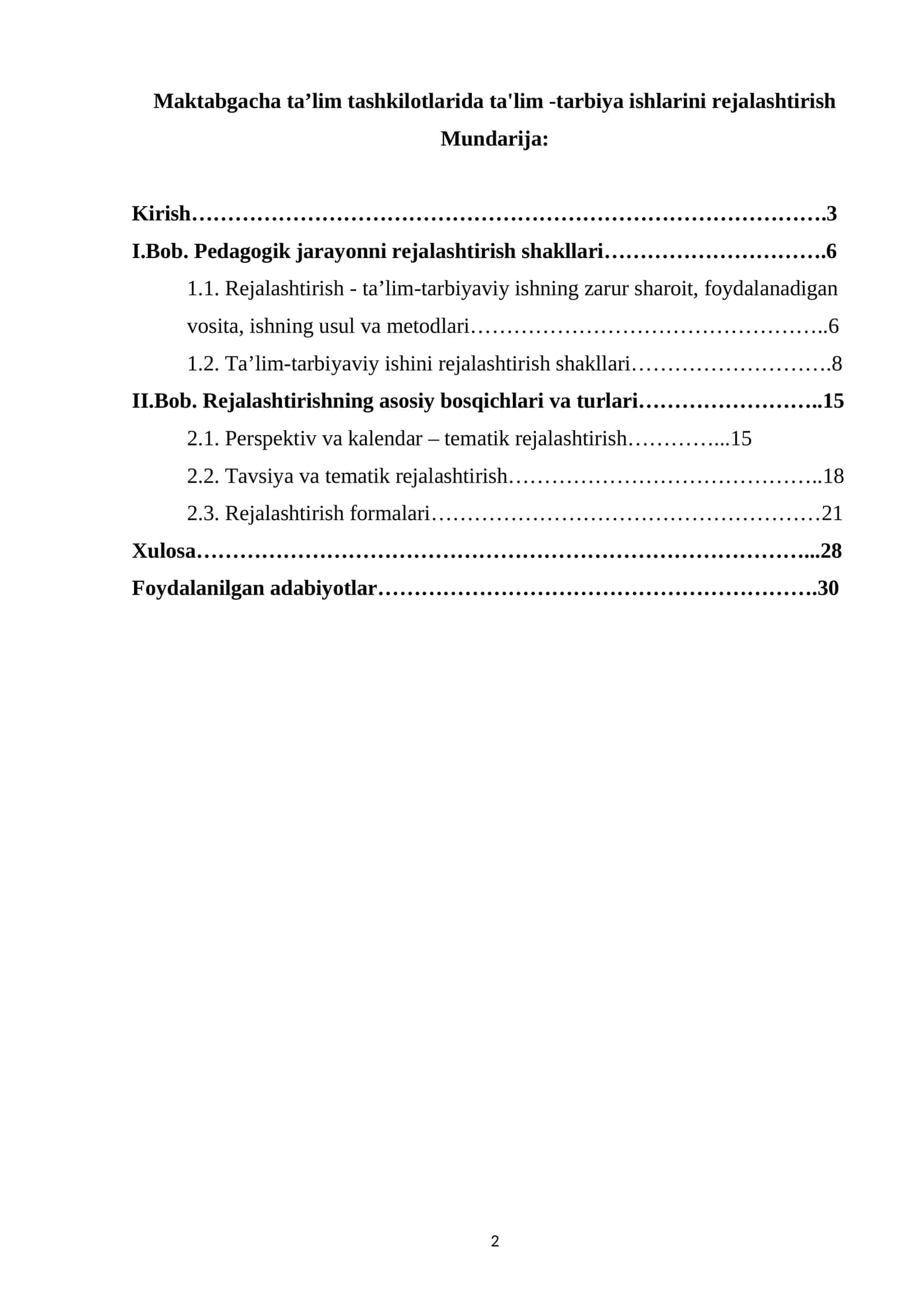 Maktabgacha ta’lim tashkilotlarida ta'lim -tarbiya ishlarini rejalashtirish