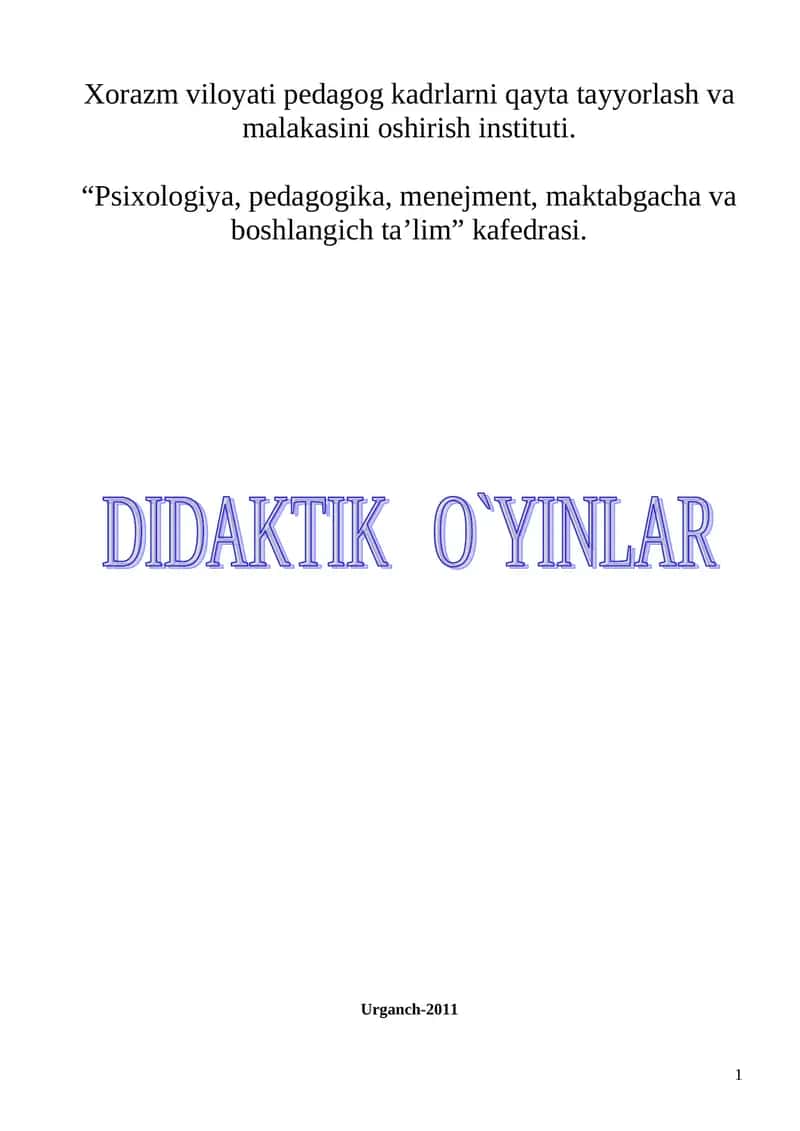 Matematika Darslari Uchun Didaktik O'yinlar Metodik Qo'llanma