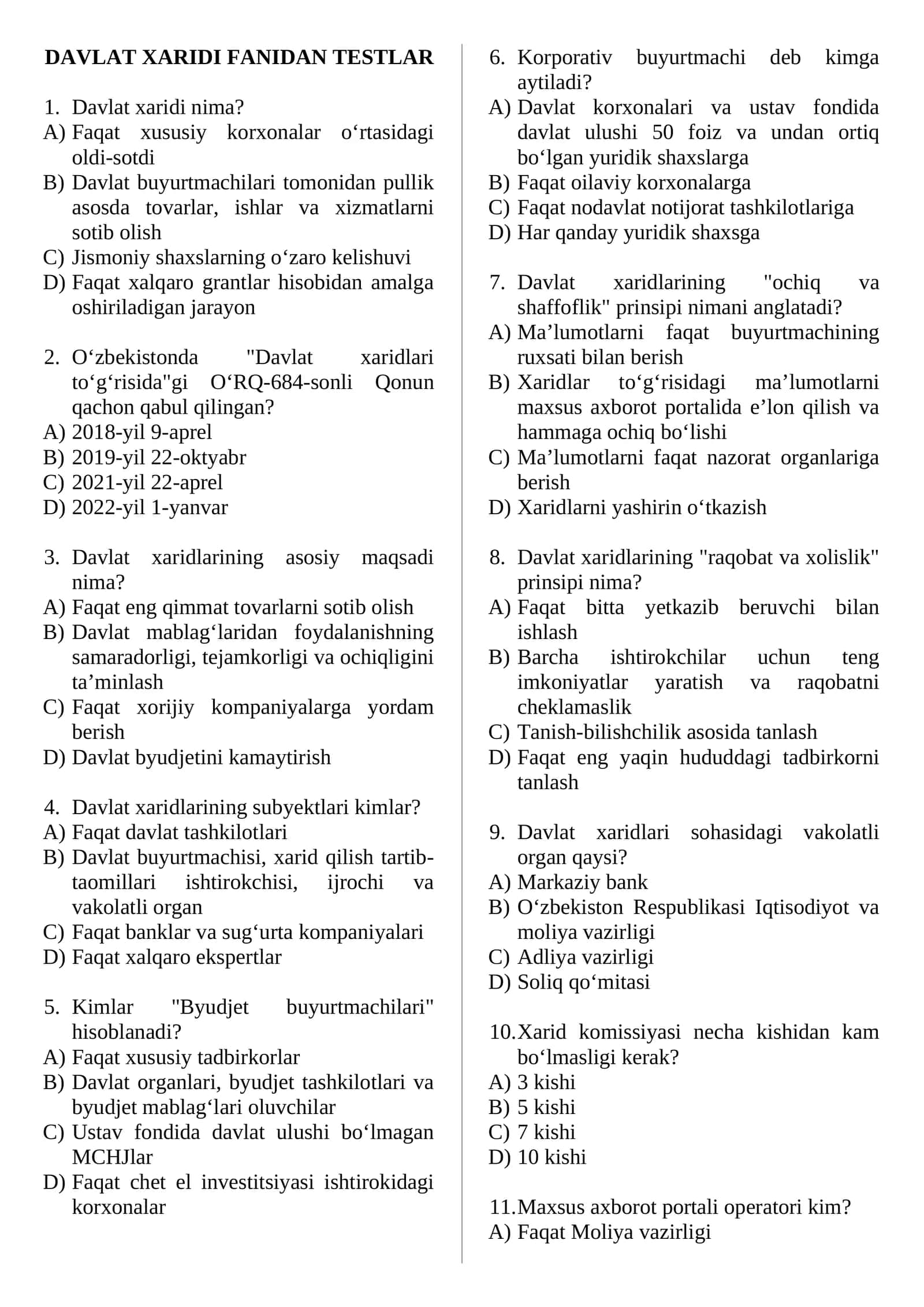 DAVLAT XARIDI FANIDAN TESTLAR