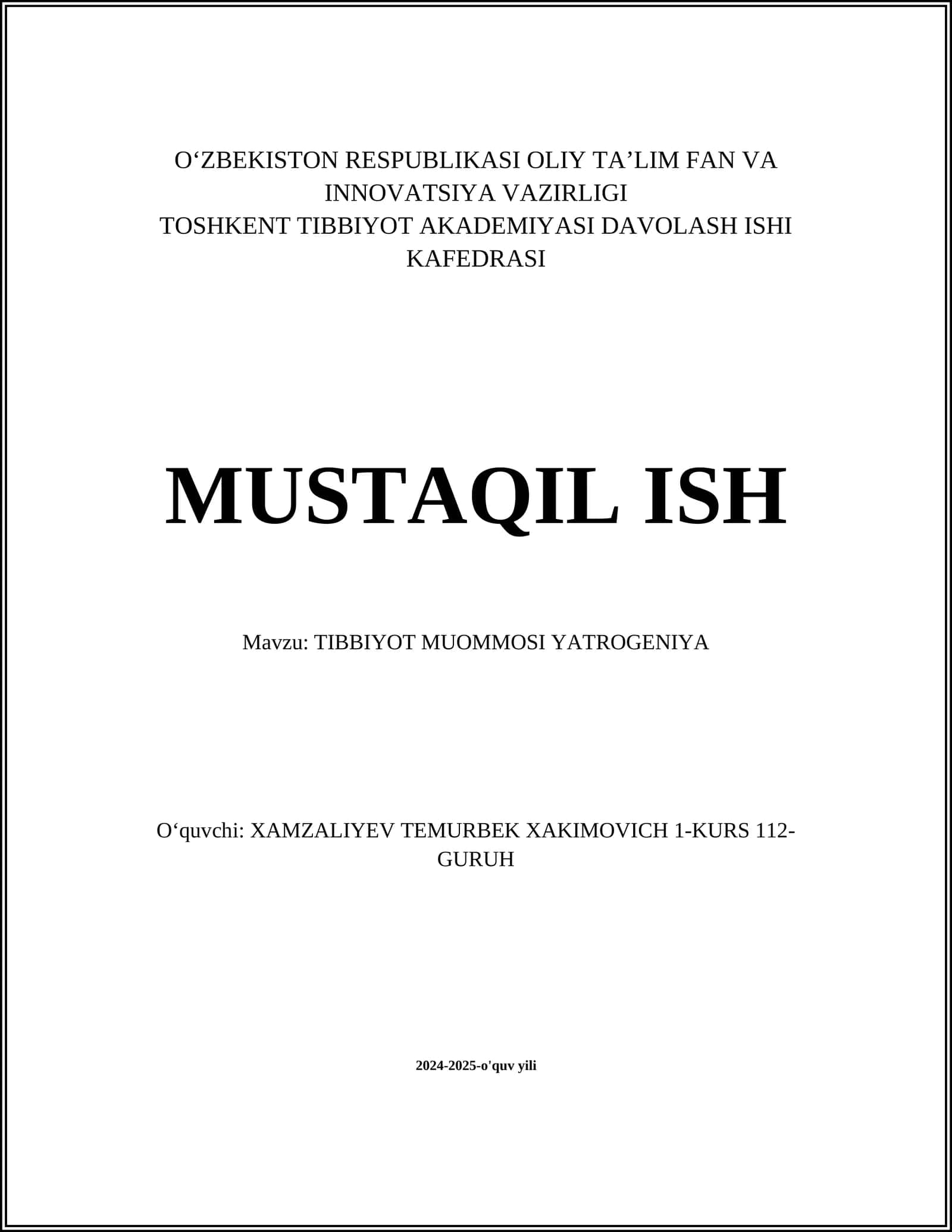TIBBIYOT MUOMMOSI YATROGENIYA