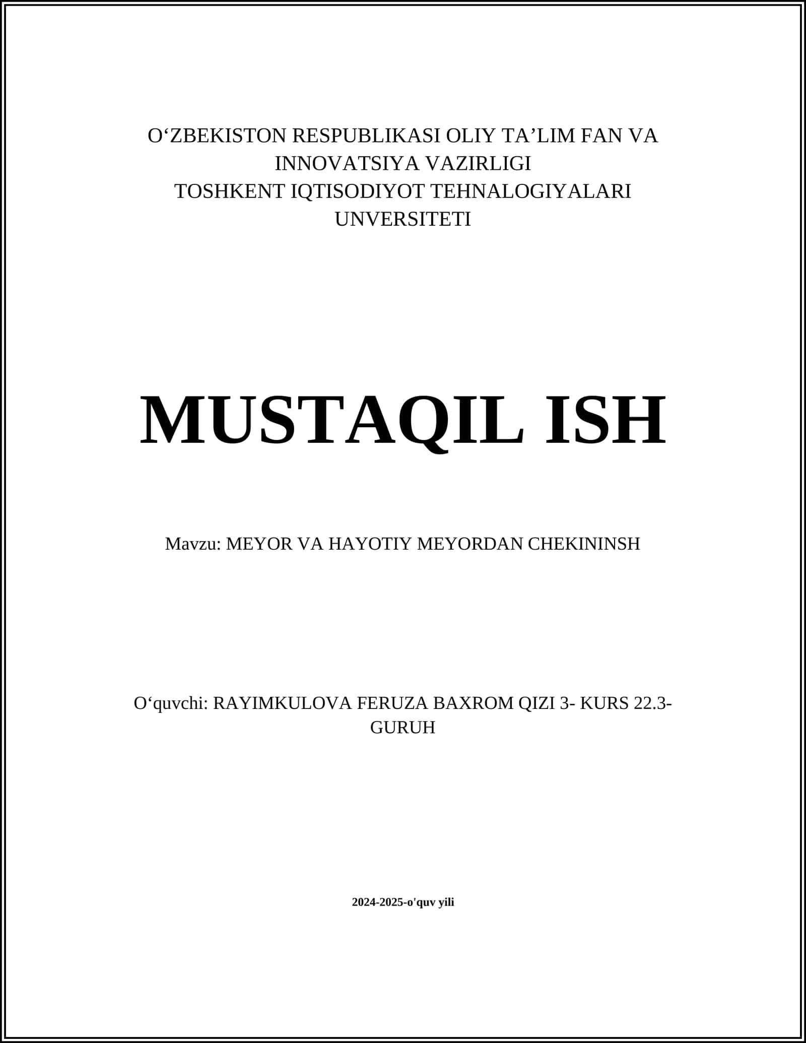 Toshkent Iqtisodiyot Tekhnologiyalari Universiteti Mustaqil Ish