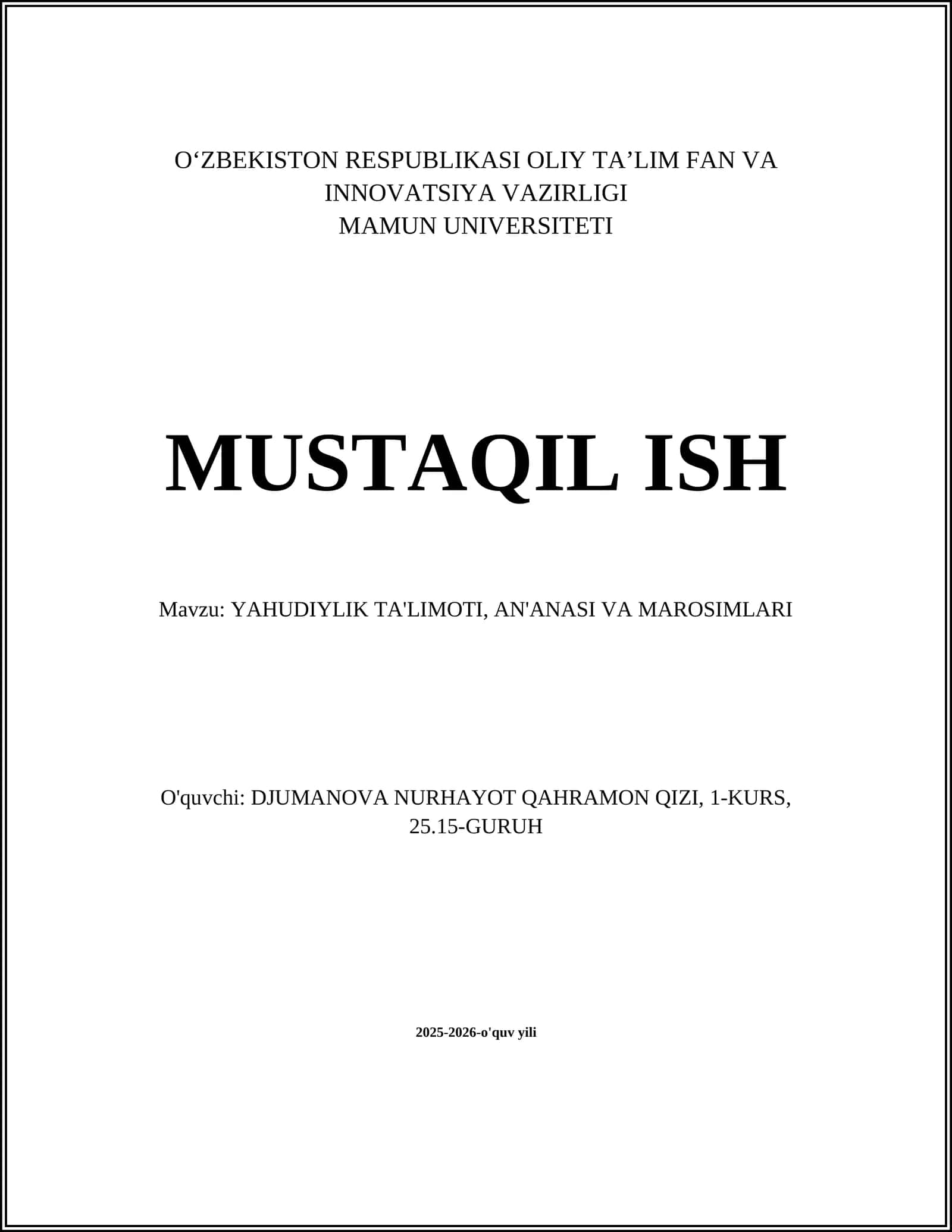 YAHUDIYLIK TA'LIMOTI, AN'ANASI VA MAROSIMLARI