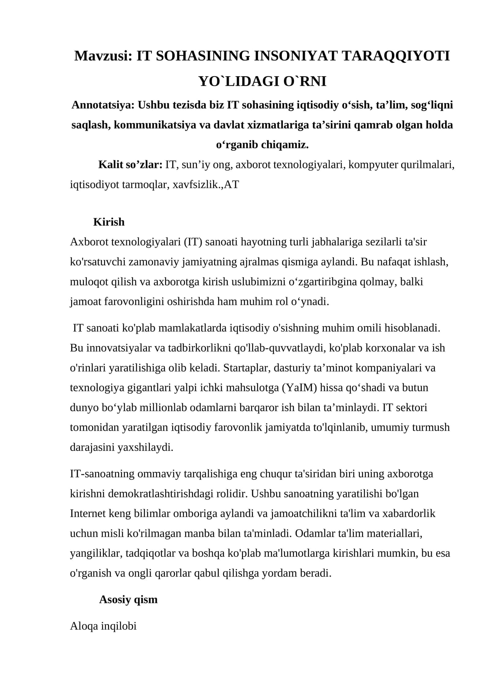 IT SOHASINING INSONIYAT TARAQQIYOTI YO`LIDAGI O`RNI
