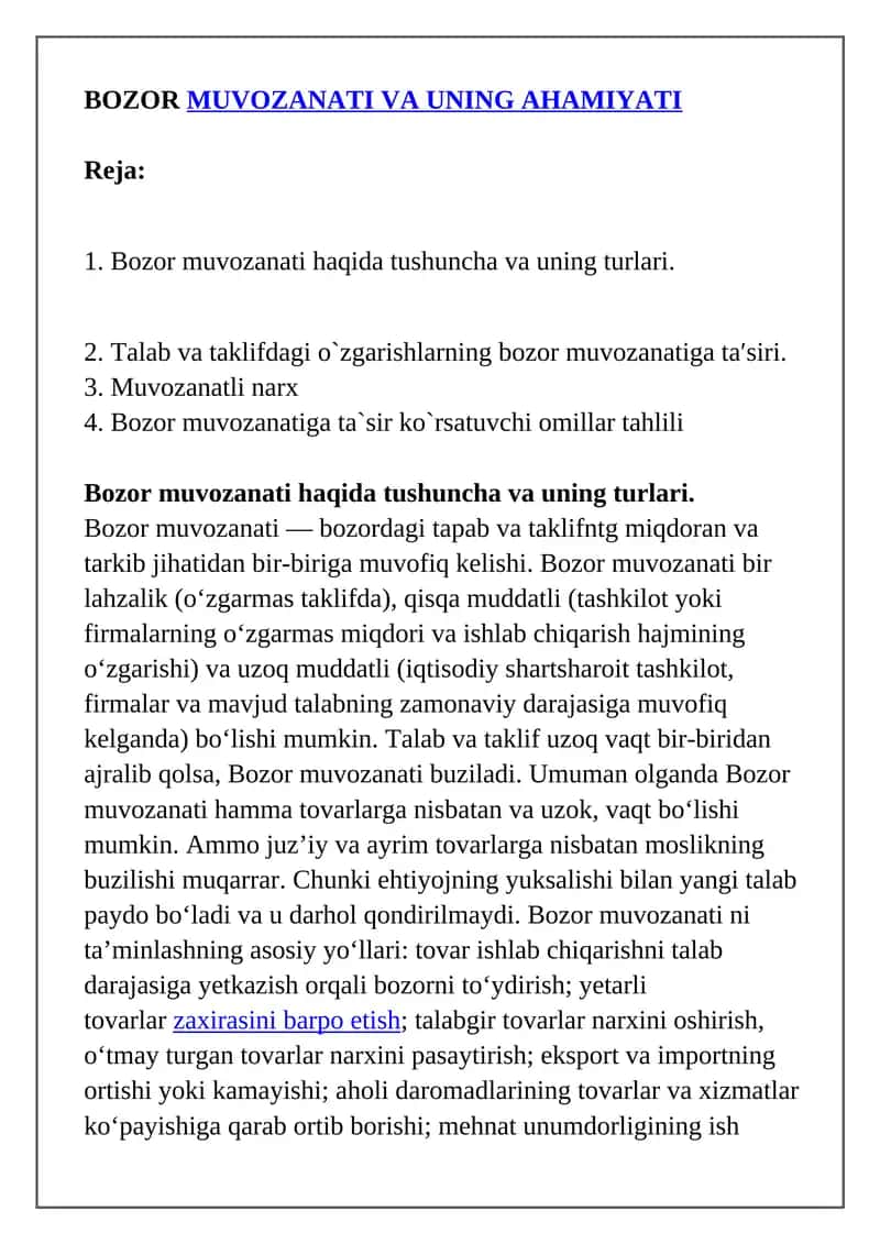 Bozor muvozanati va uning ahmiyati
