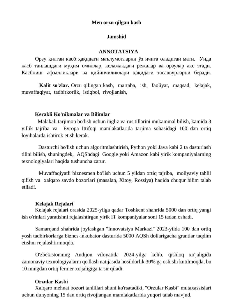 Men orzu qilgan kasb