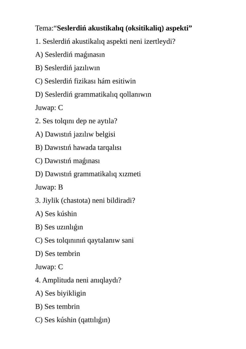 Seslerdiń akustikalıq (oksitikaliq) aspekti