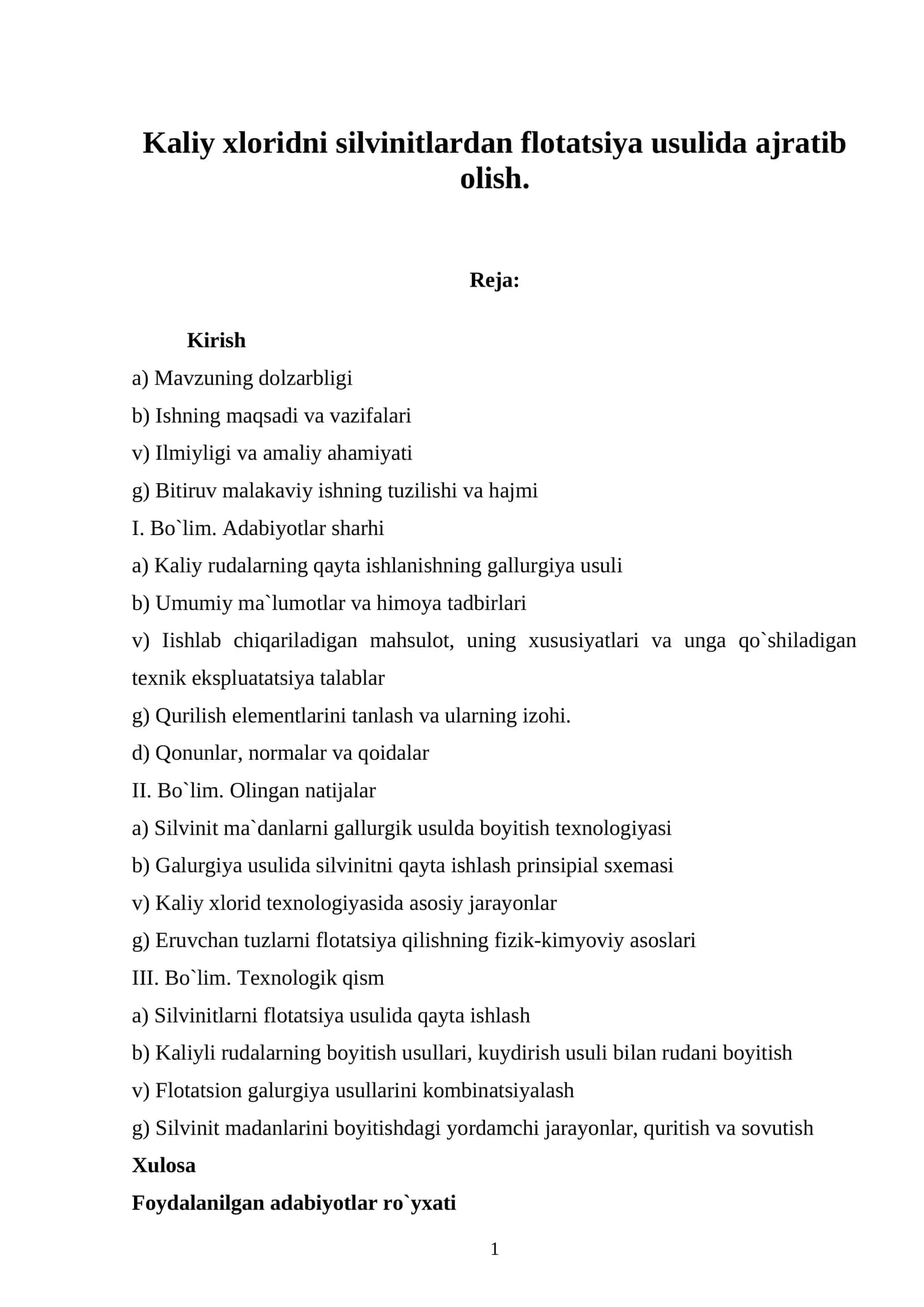 Kaliy xloridni silvinitlardan flotatsiya usulida ajratib olish