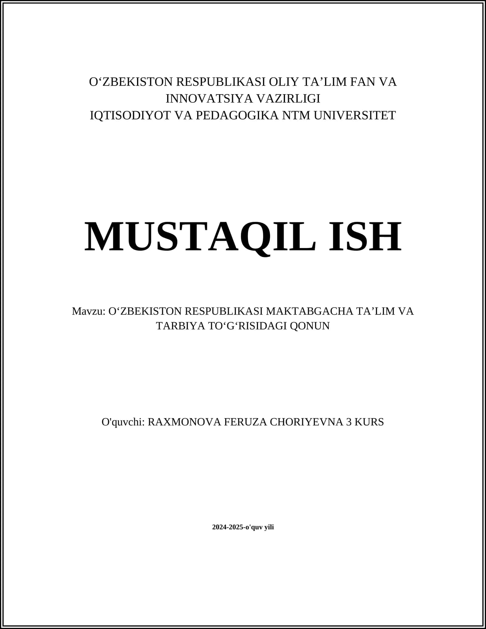 OʻZBEKISTON RESPUBLIKASI MAKTABGACHA TAʼLIM VA TARBIYA TOʼGʻRISIDAGI QONUN