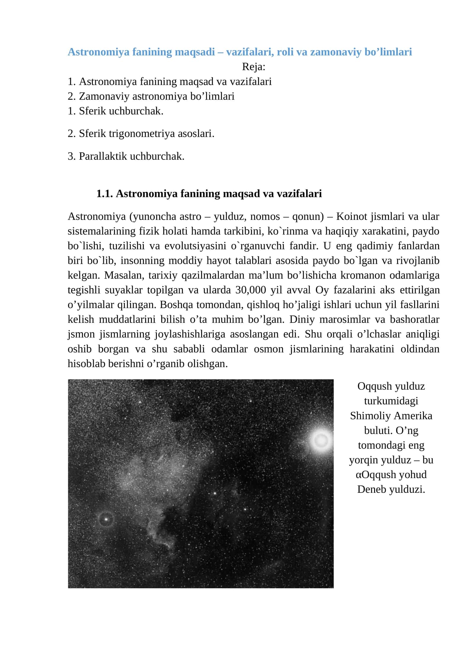 Astronomiya fanining maqsadi – vazifalari, roli va zamonaviy bo’limlari