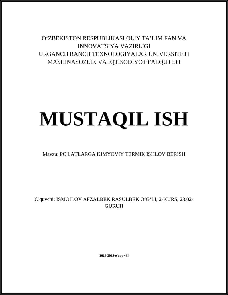 PO'LATLARGA KIMYOVIY TERMIK ISHLOV BERISH