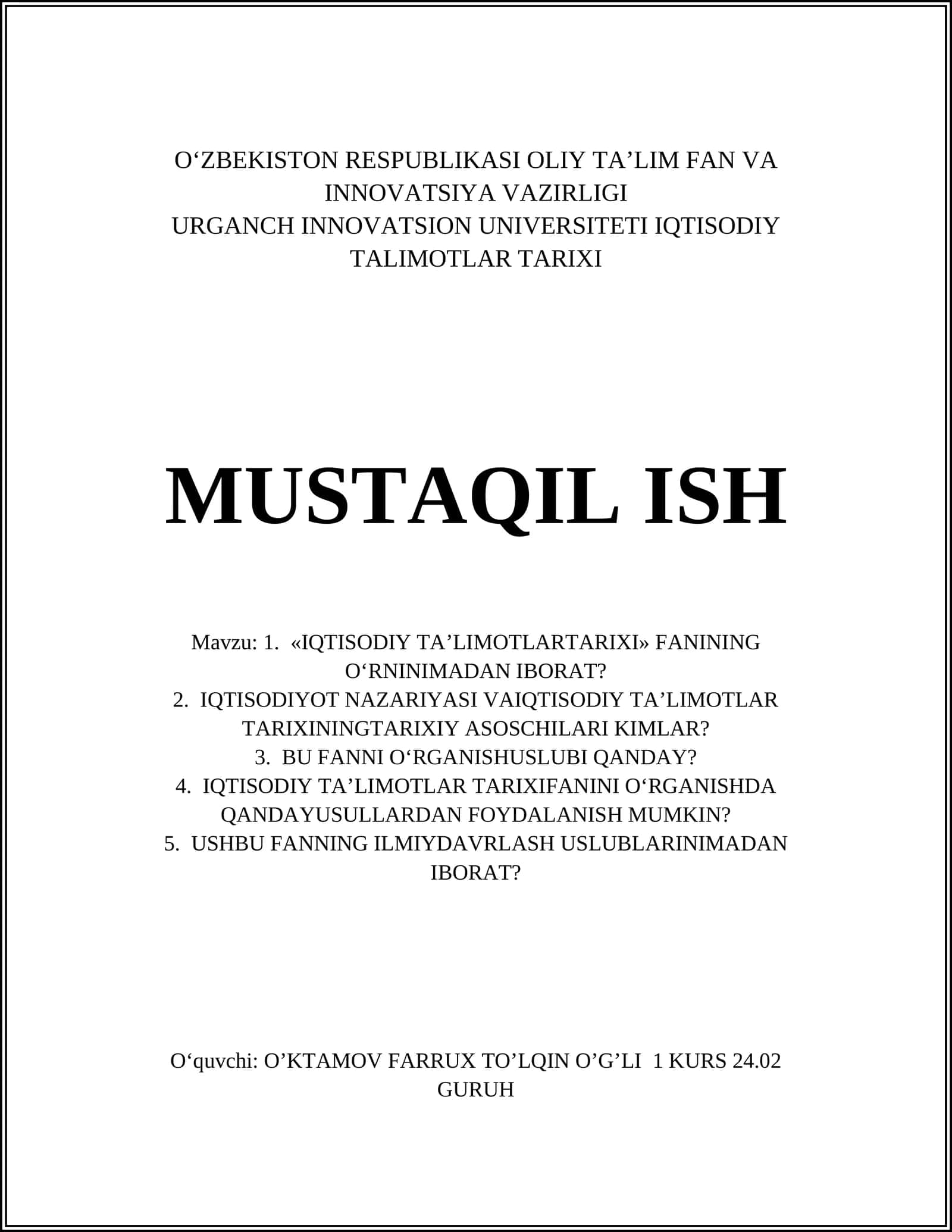 IQTISODIY TA’LIMOTLAR TARIXI