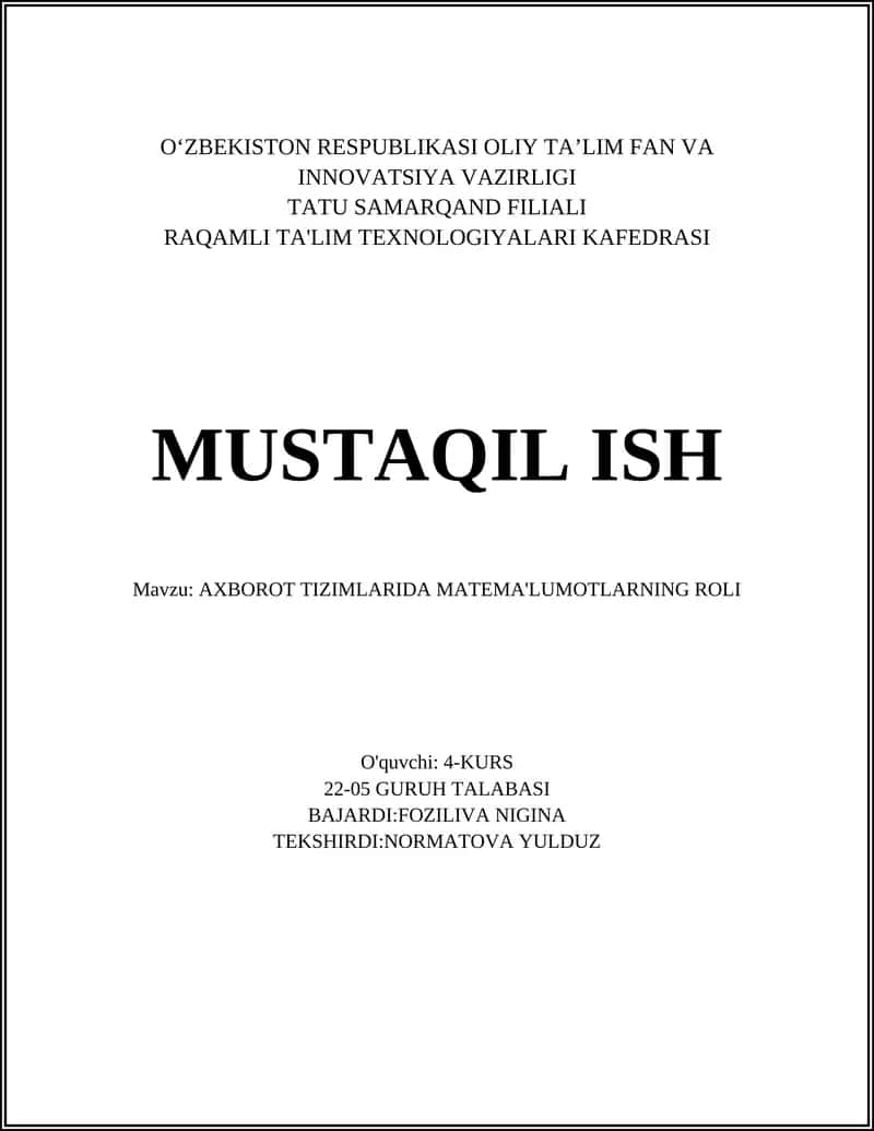 AXBOROT TIZIMLARIDA MATEMA'LUMOTLARNING ROLI