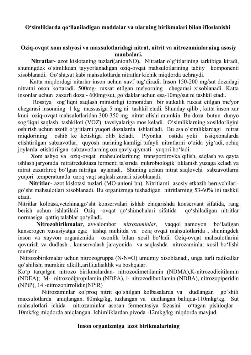 O‘simliklarda qo‘llaniladigan moddalar va ularning birikmalari bilan ifloslanishi