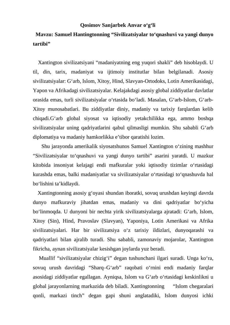 Samuel Xantingtonning “Sivilizatsiyalar to‘qnashuvi va yangi dunyo tartibi”