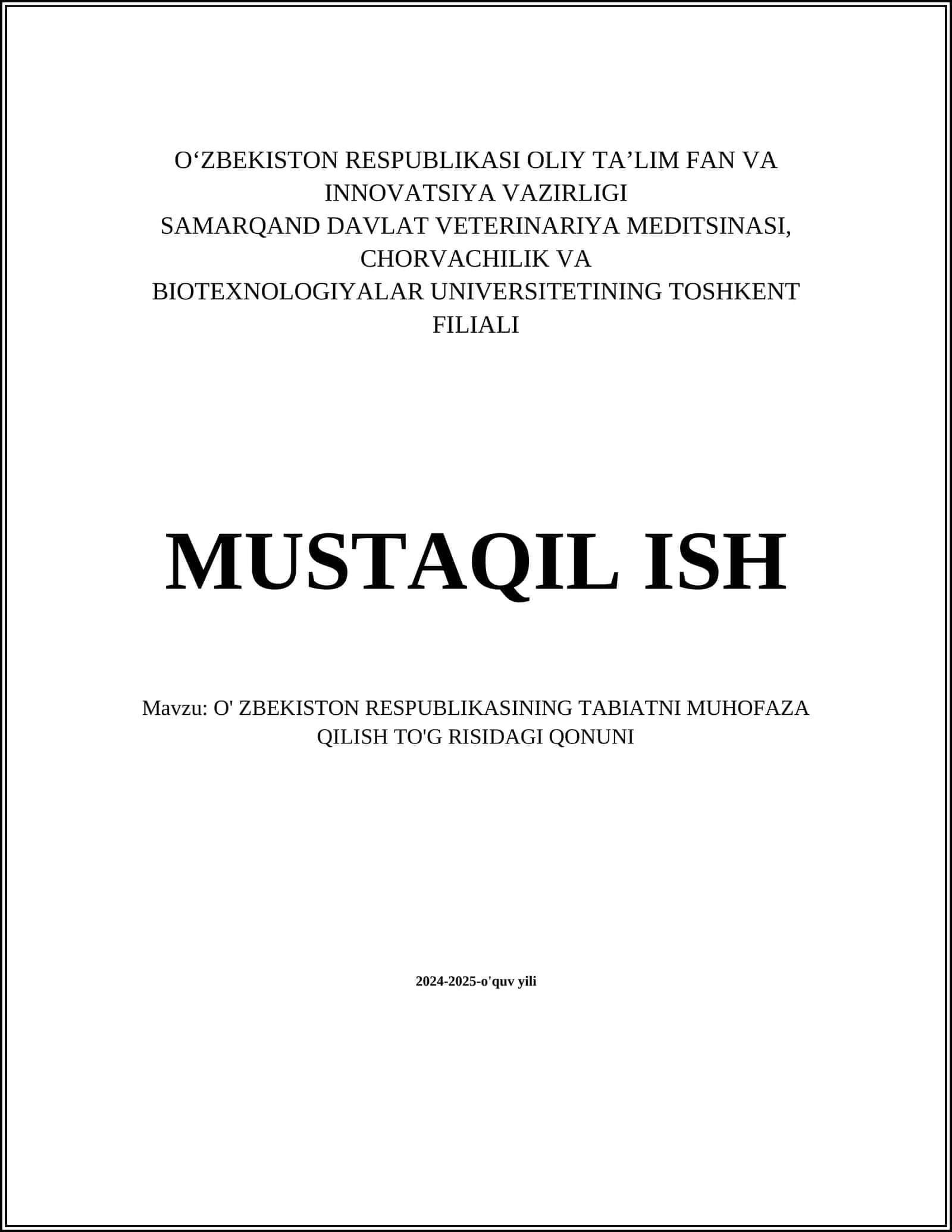 O'ZBEKISTON RESPUBLIKASINING TABIATNI MUHOFAZA QILISH TO'G RISIDAGI QONUNI