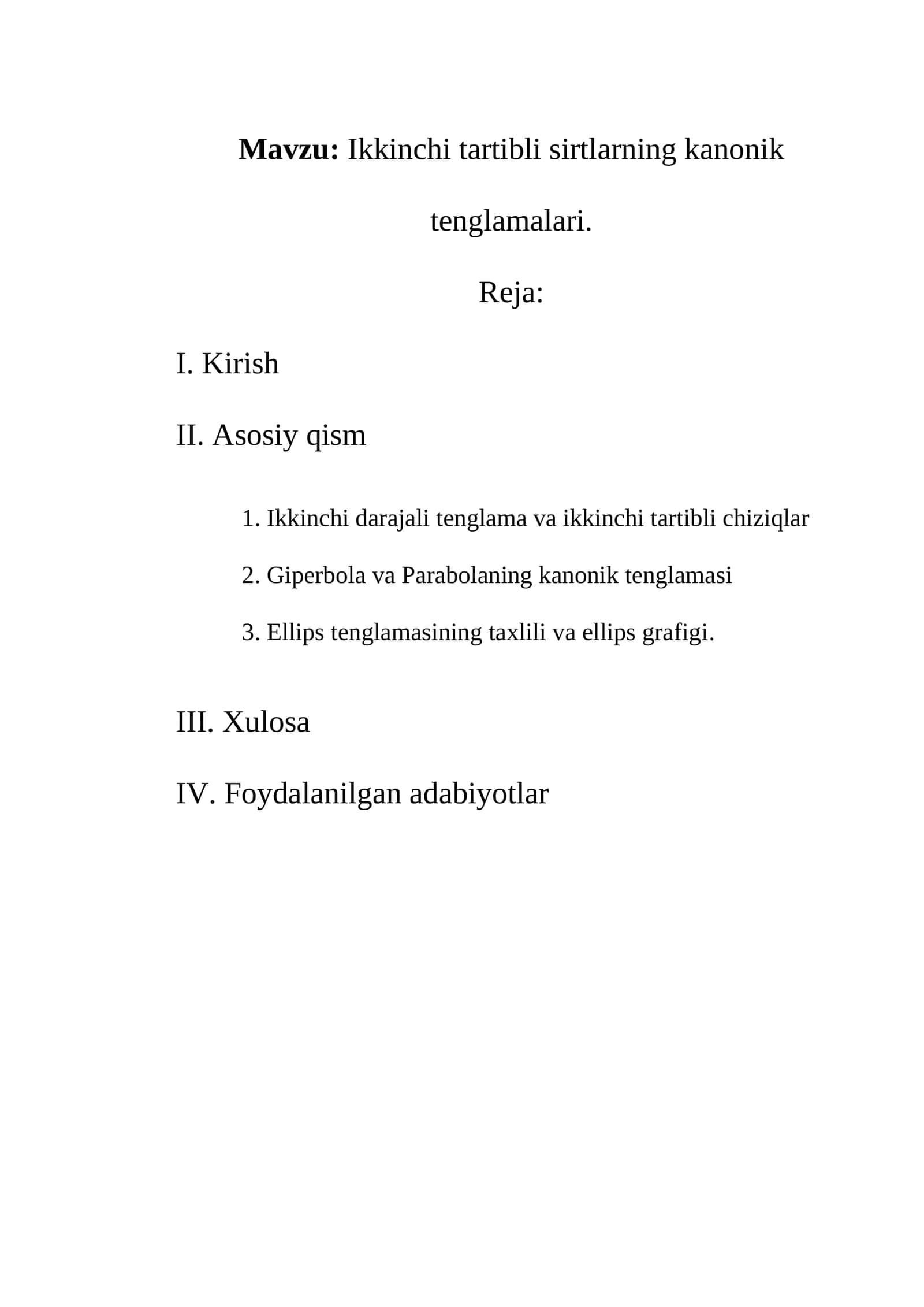 Ikkinchi tartibli sirtlarning kanonik tenglamalari