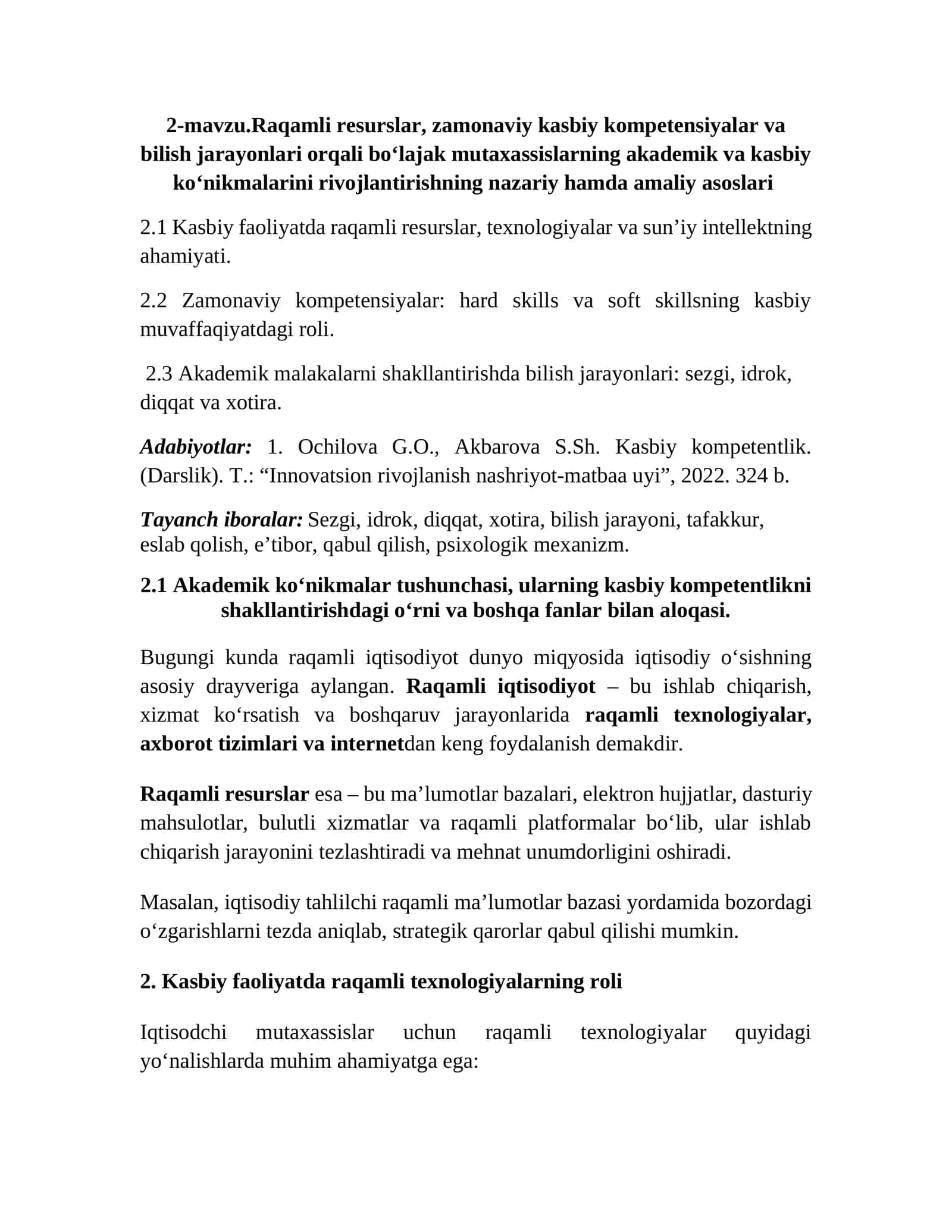 Kasbiy kompetentlikni rivojlantirishning asoslari