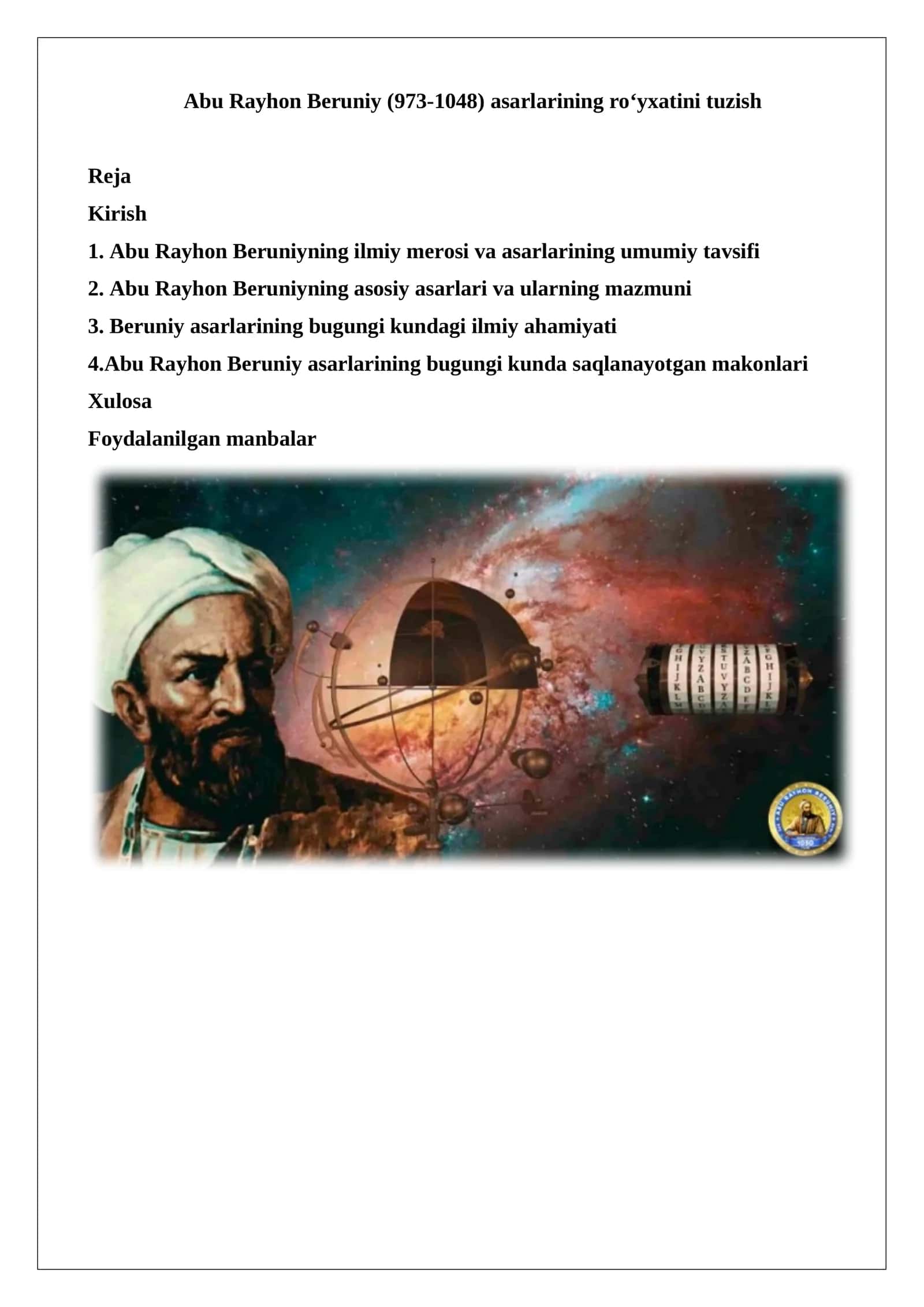 Abu Rayhon Beruniy (973-1048) asarlarining roʻyxatini tuzish