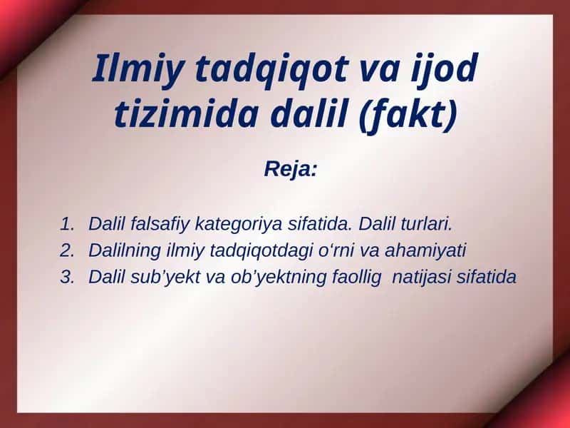 Ilmiy tadqiqot va ijod tizimida dalil(fakt)
