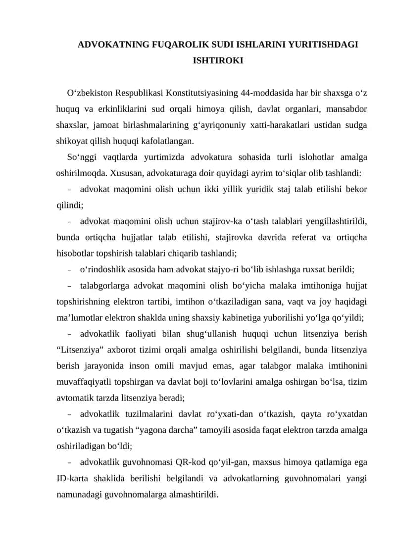 Advokatning fuqarolik sudi ishlarini yuritishdagi ishtiroki