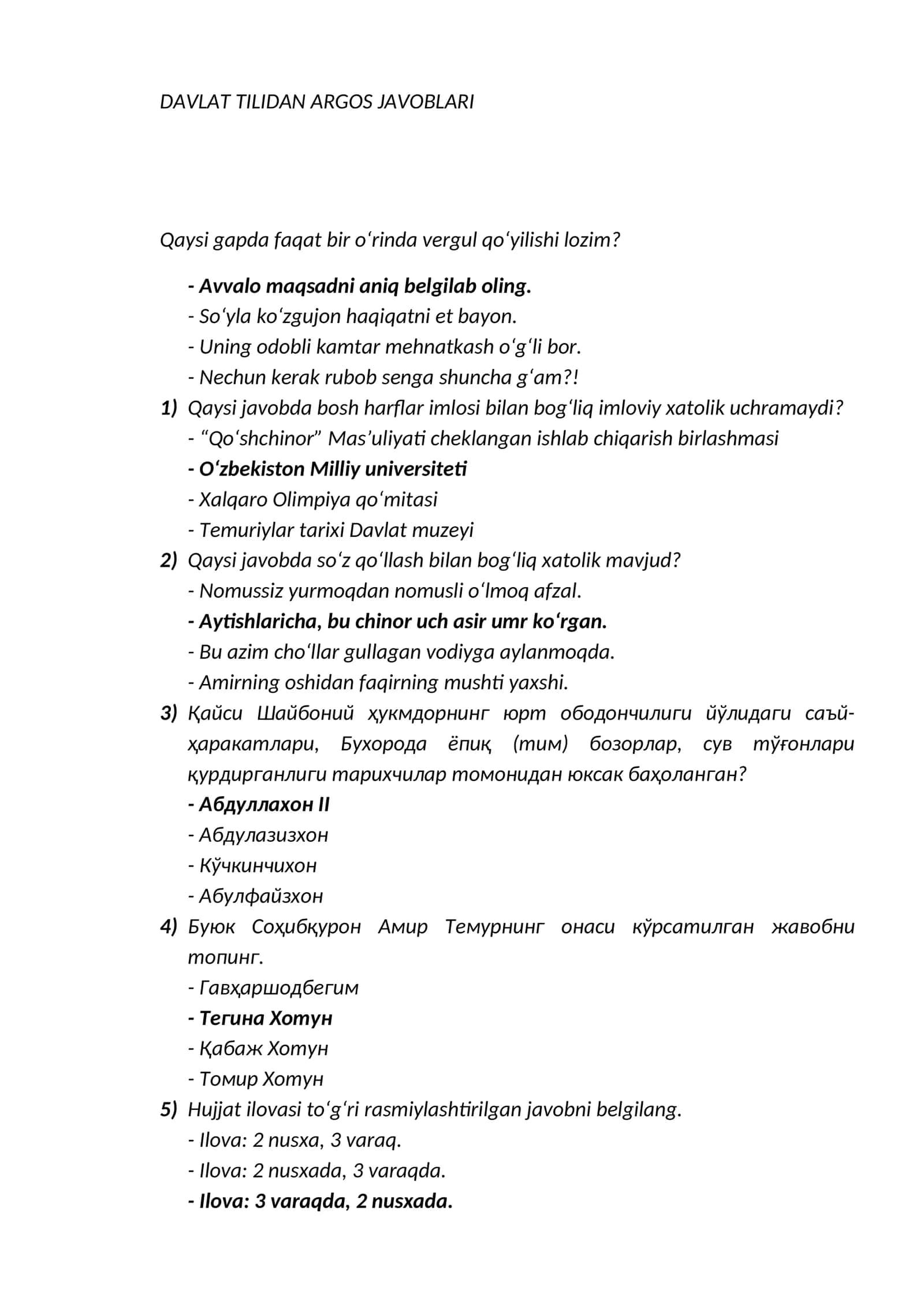 DAVLAT TILIDAN ARGOS JAVOBLARI