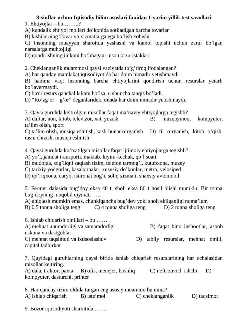 8-sinflar uchun Iqtisodiy bilim asoslari fanidan 1-yarim yillik test savollari