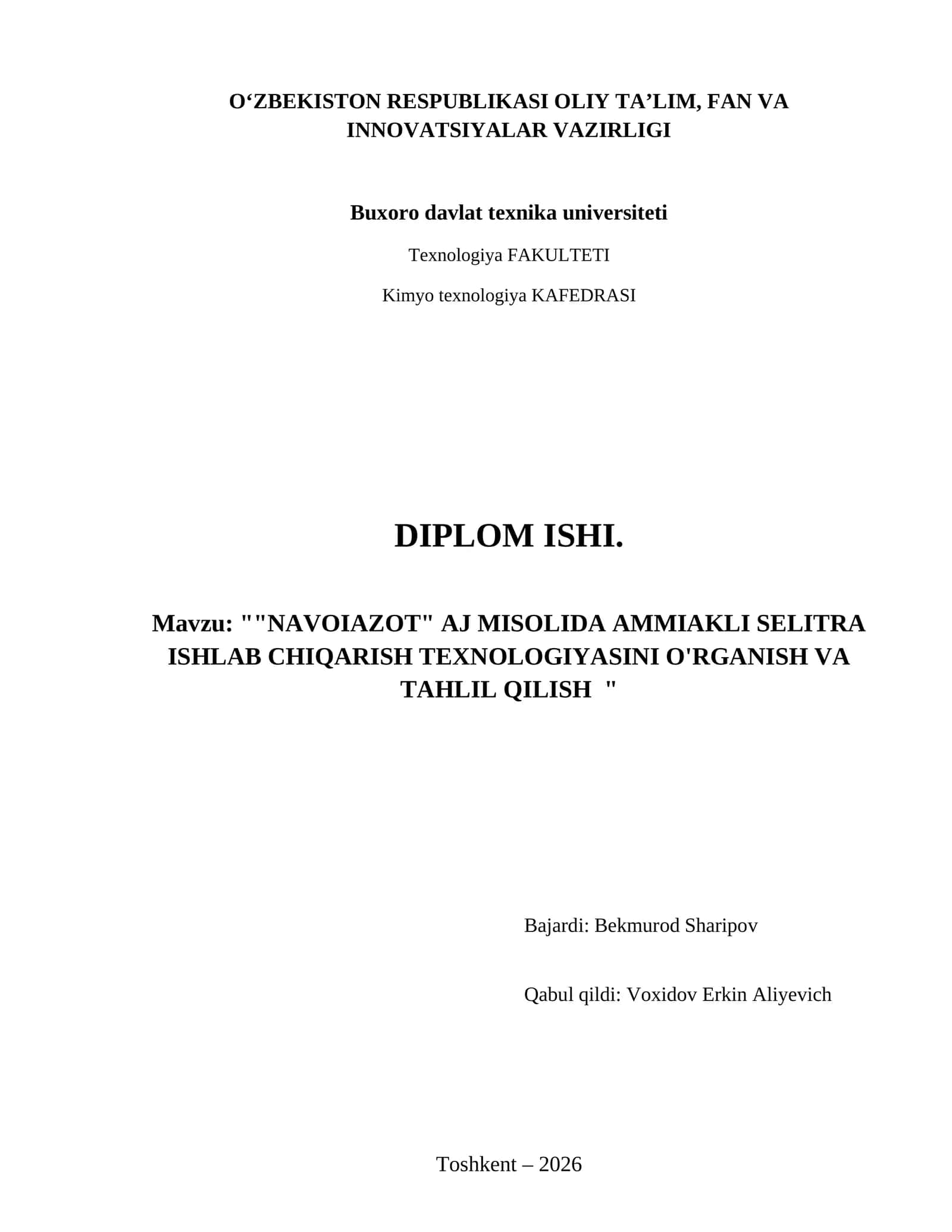 "Navoiazot" AJ misolida ammiakli selitra ishlab chiqarish texnologiyasini o'rganish va tahlil qilish