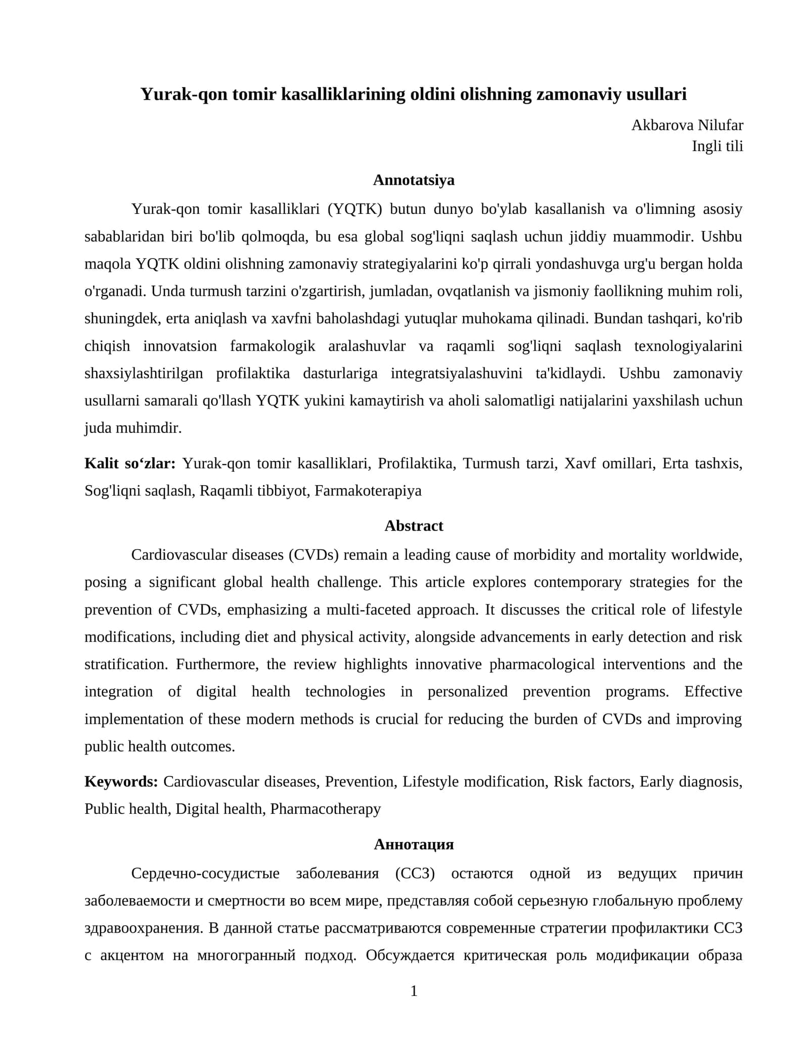 Yurak-qon tomir kasalliklarining oldini olishning zamonaviy usullari
