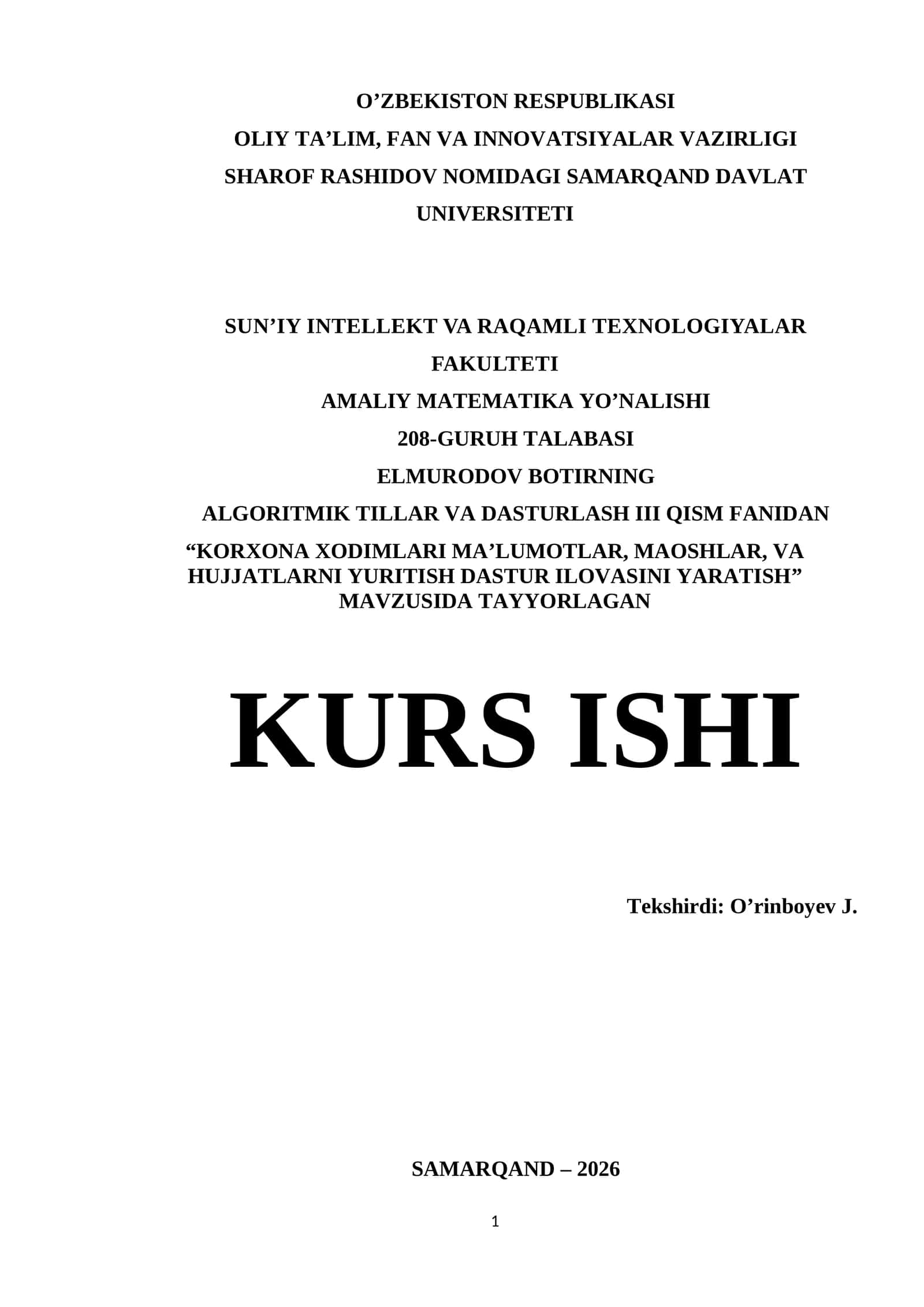 Visual Studio muhitida Kurs ishi | KORXONA XODIMLARI MA’LUMOTLAR, MAOSHLAR, VA HUJJATLARNI YURITISH