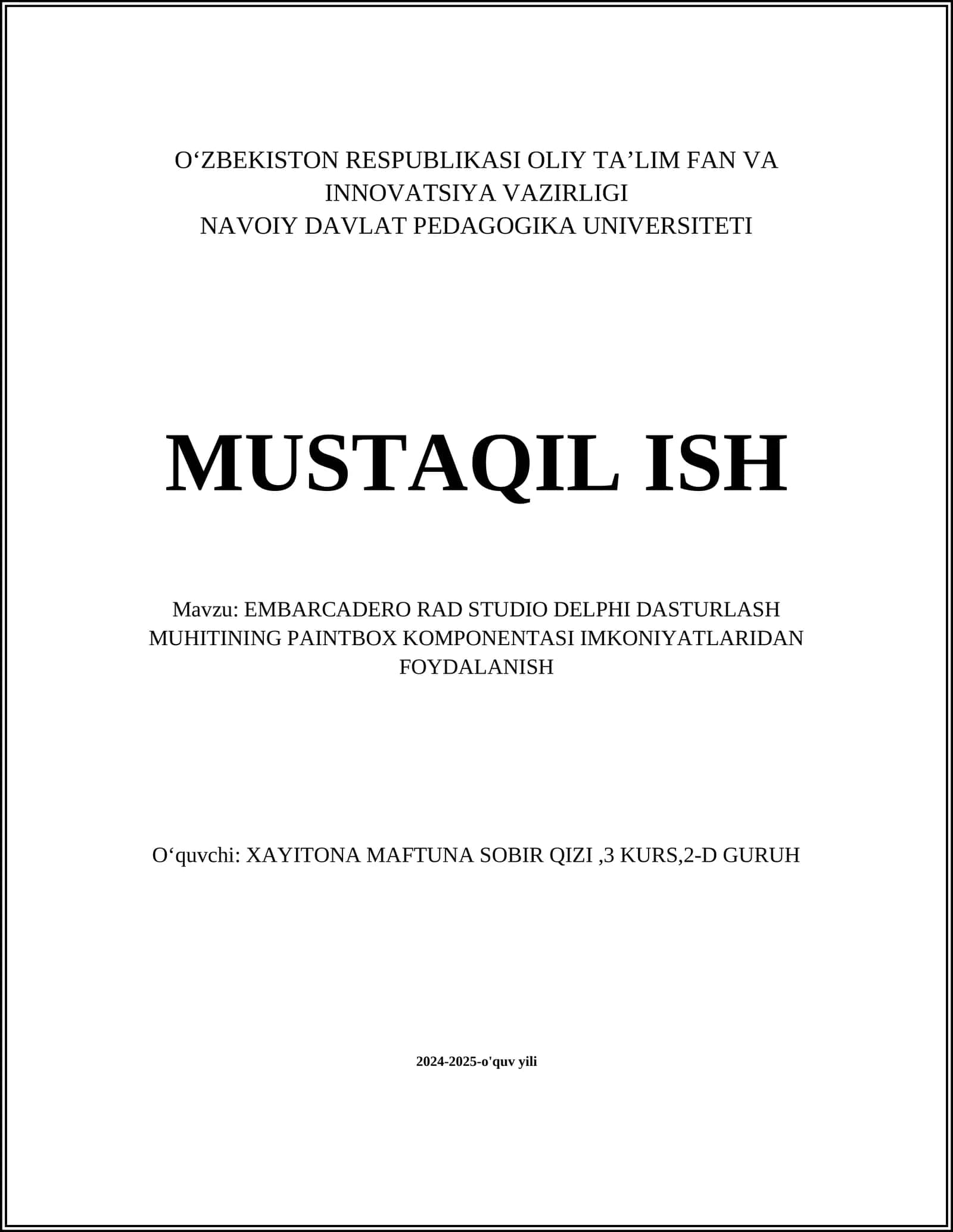 EMBARCADERO RAD STUDIO DELPHI DASTURLASH MUHITINING PAINTBOX KOMPONENTASI IMKONIYATLARIDAN FOYDALANISH