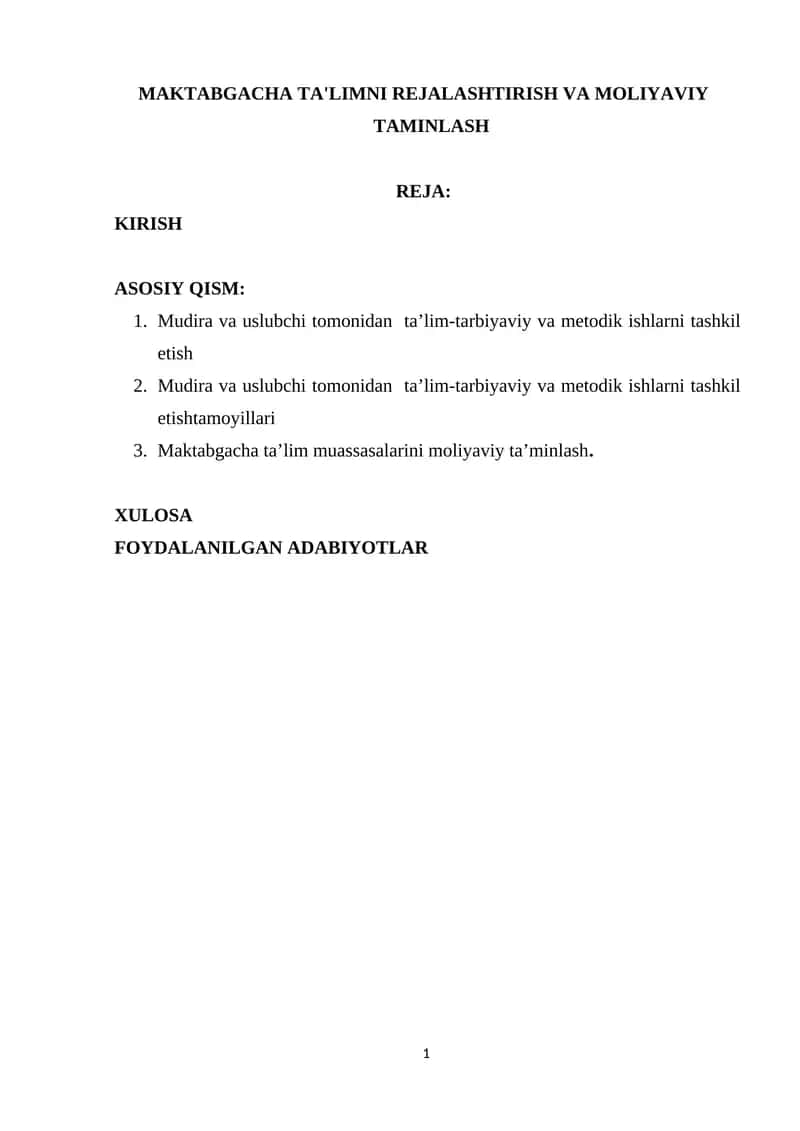 MAKTABGACHA TA'LIMNI REJALASHTIRISH VA MOLIYAVIY TAMINLASH