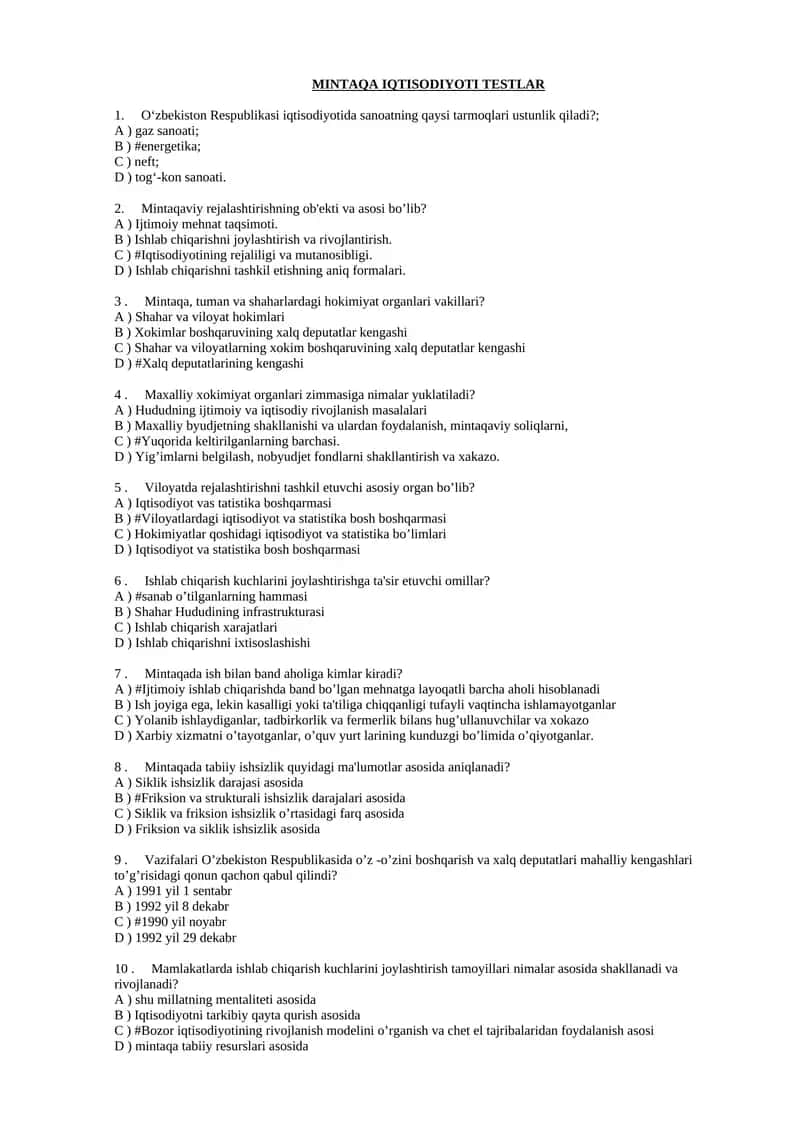 MINTAQA IQTISODIYOTI TESTLAR
