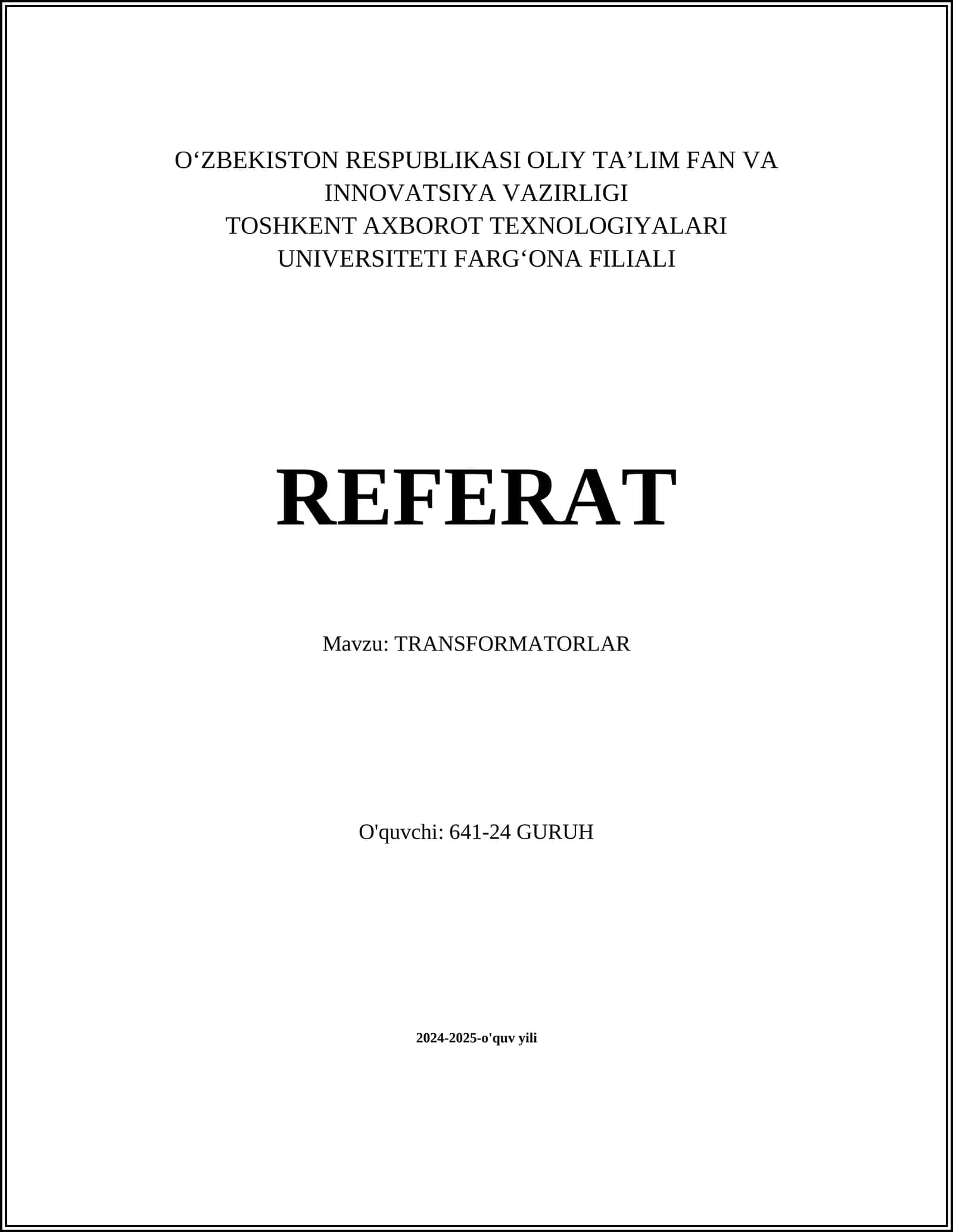 REFERAT Mavzu: TRANSFORMATORLAR