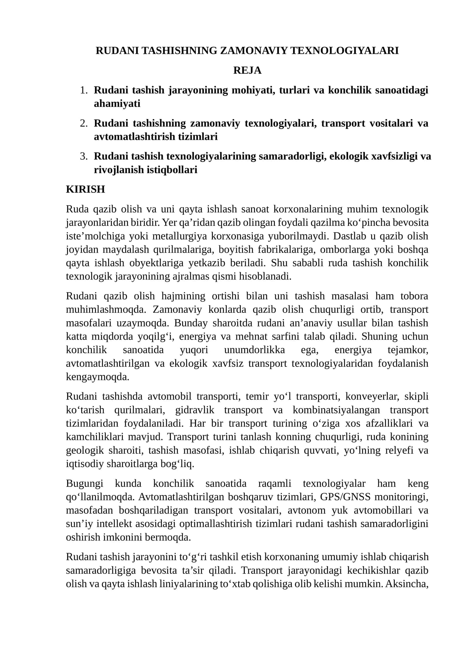 Rudani tashishning zamonaviy texnologiyalari