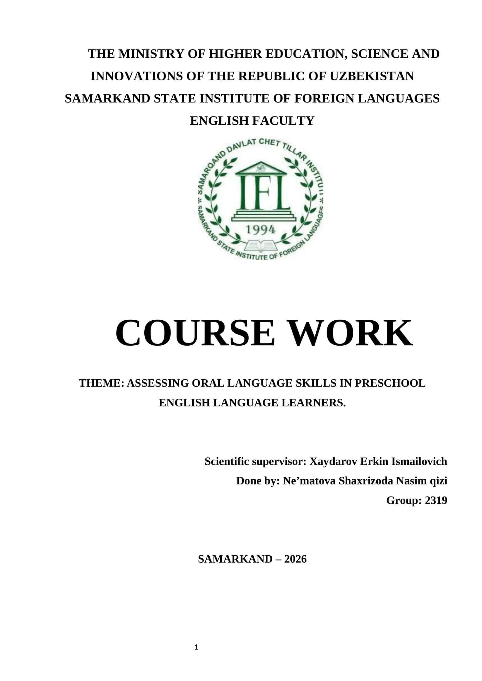 COURSE WORK THE THEME: ASSESSING ORAL LANGUAGE SKILLS IN PRESCHOOL ENGLISH LANGUAGE LEARNERS