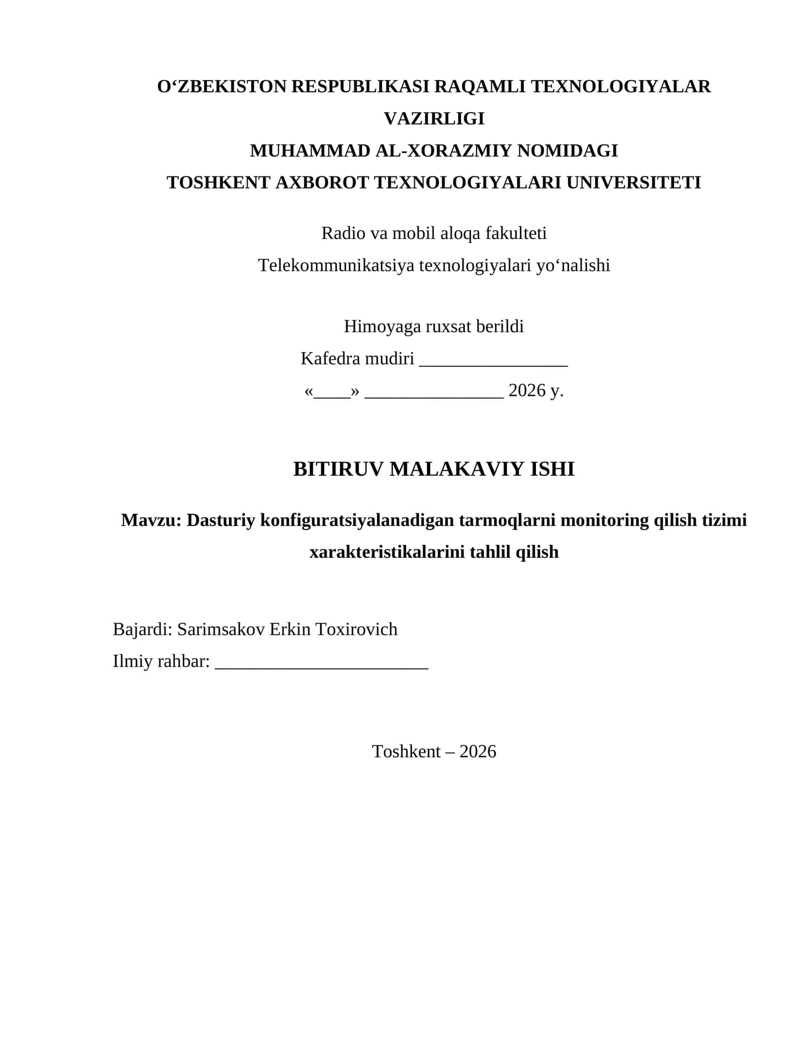 Dasturiy konfiguratsiyalanadigan tarmoqlarni monitoring qilish tizimi xarakteristikalarini tahlil qilish