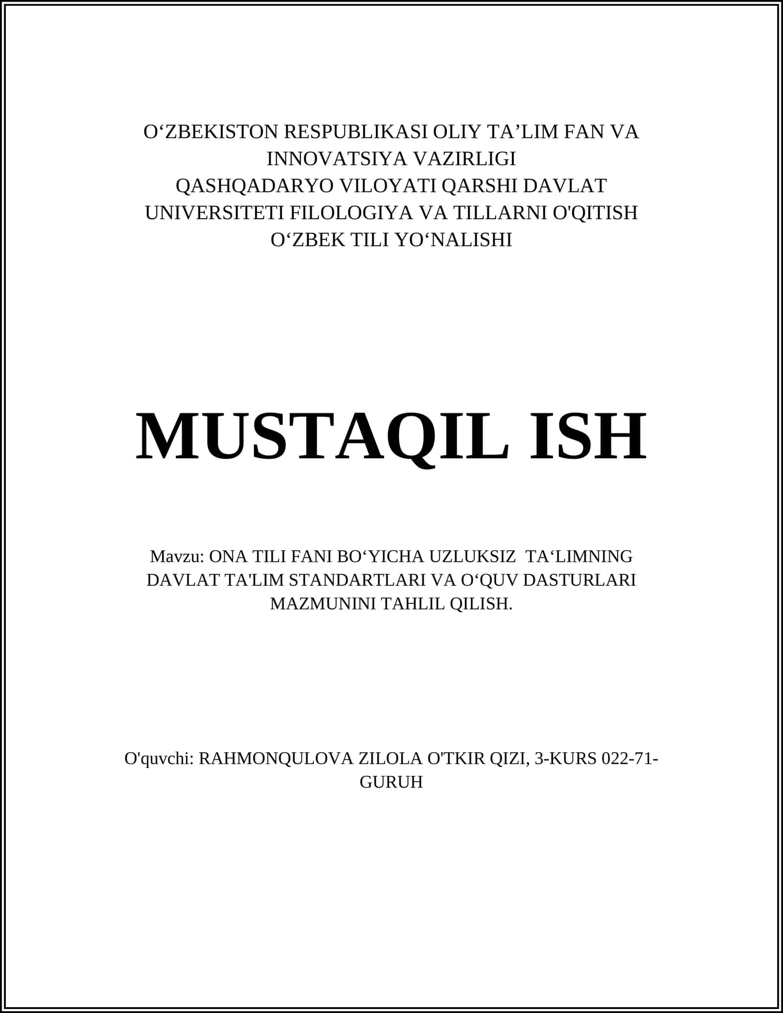 ONA TILI FANI BO‘YICHA UZLUKSIZ TA‘LIMNING DAVLAT TA'LIM STANDARTLARI VA O‘QUV DASTURLARI MAZMUNINI TAHLIL QILISH