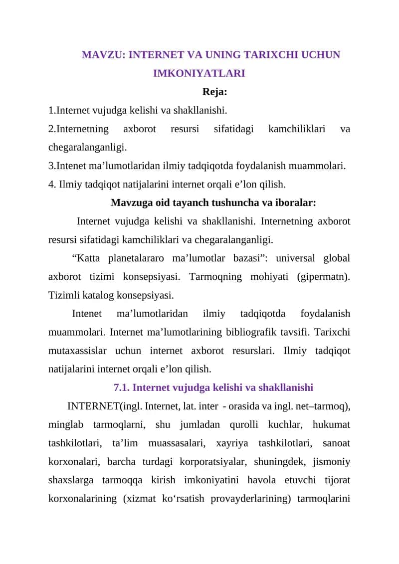 INTERNET VA UNING TARIXCHI UCHUN IMKONIYATLARI