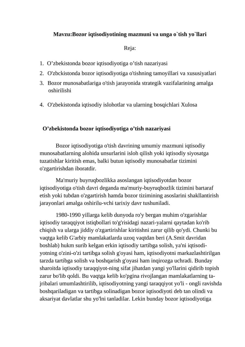 Bozor iqtisodiyotining mazmuni va unga o`tish yo`llari