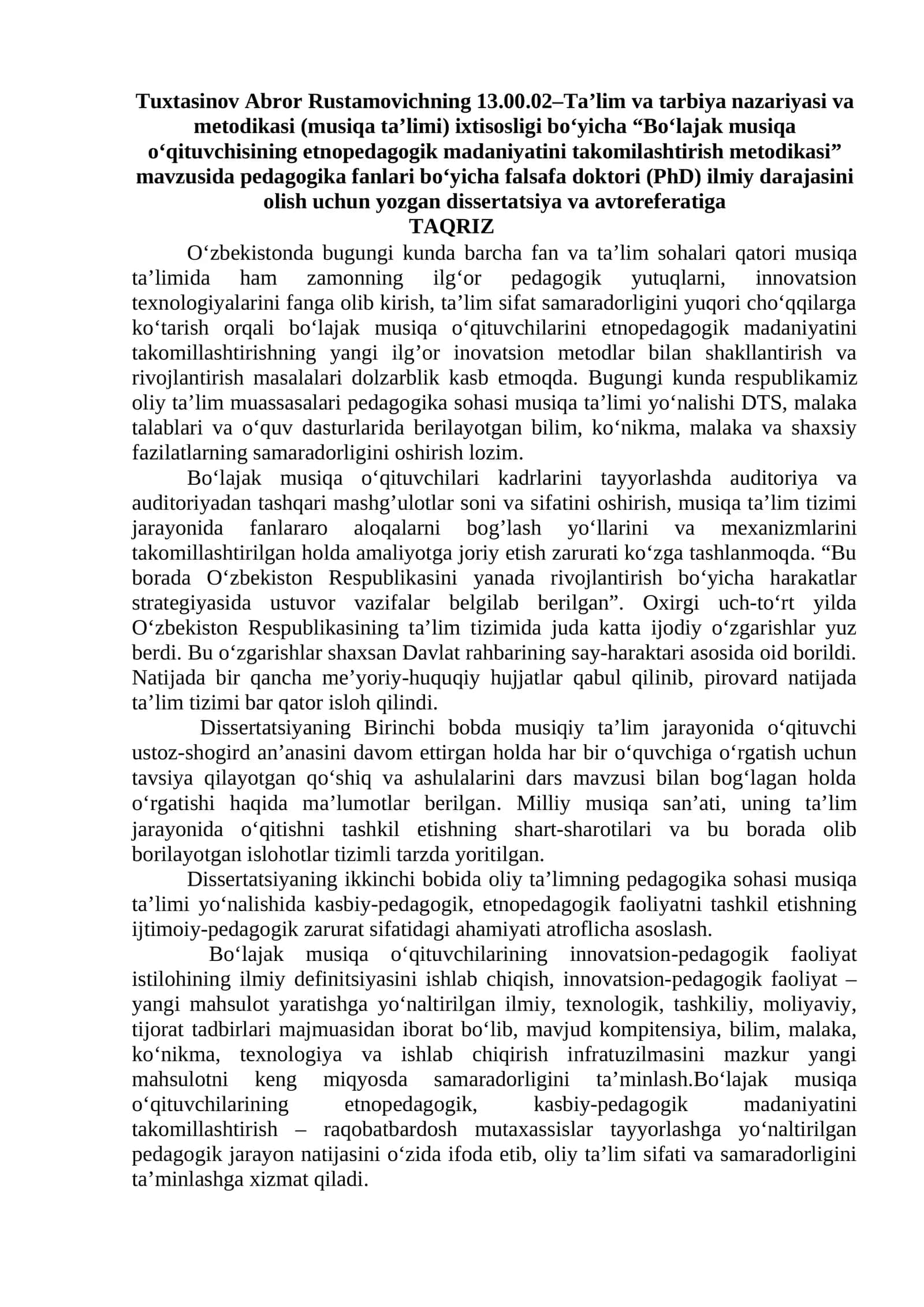 Bo‘lajak musiqa o‘qituvchisining etnopedagogik madaniyatini takomilashtirish metodikasi