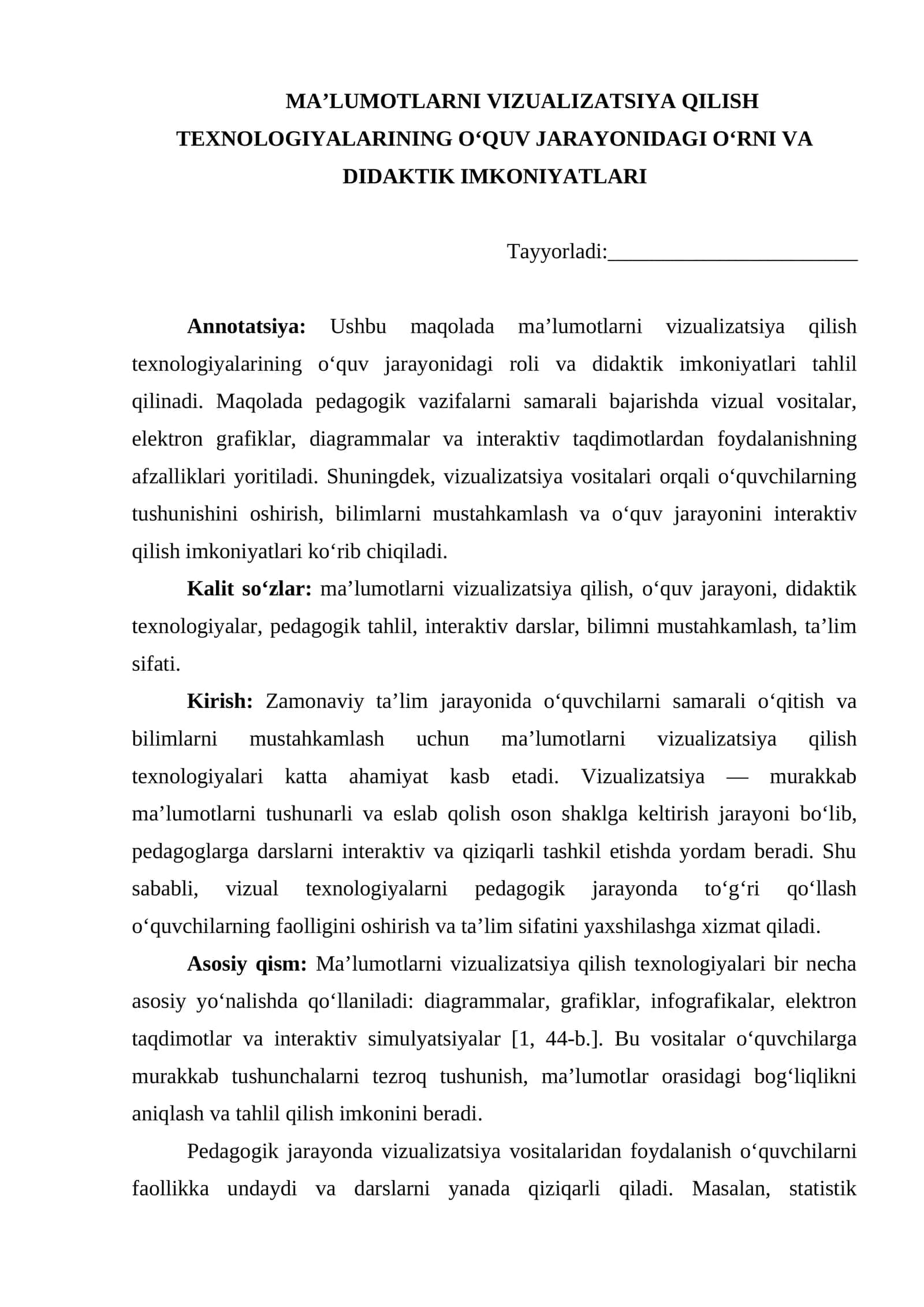 MA’LUMOTLARNI VIZUALIZATSIYA QILISH TEXNOLOGIYALARINING O‘QUV JARAYONIDAGI O‘RNI VA DIDAKTIK IMKONIYATLARI
