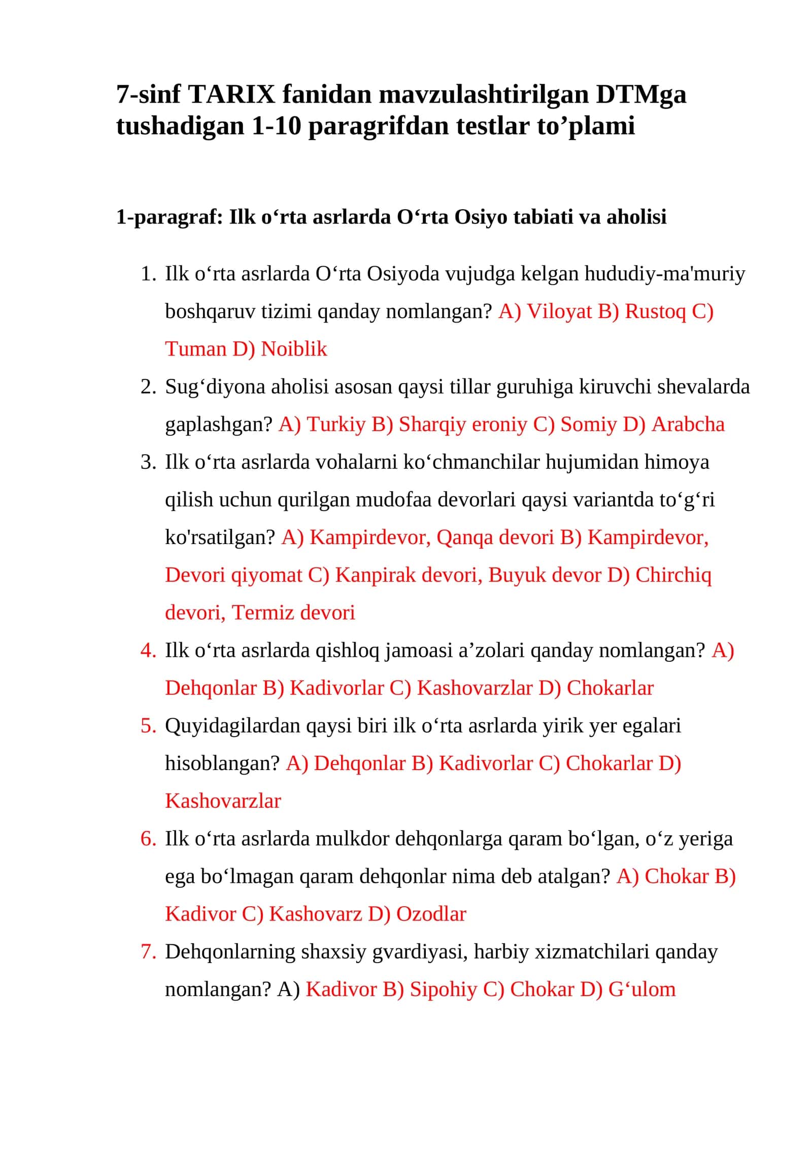 7-sinf TARIX fanidan mavzulashtirilgan DTMga tushadigan 1-10 paragrifdan testlar to’plami