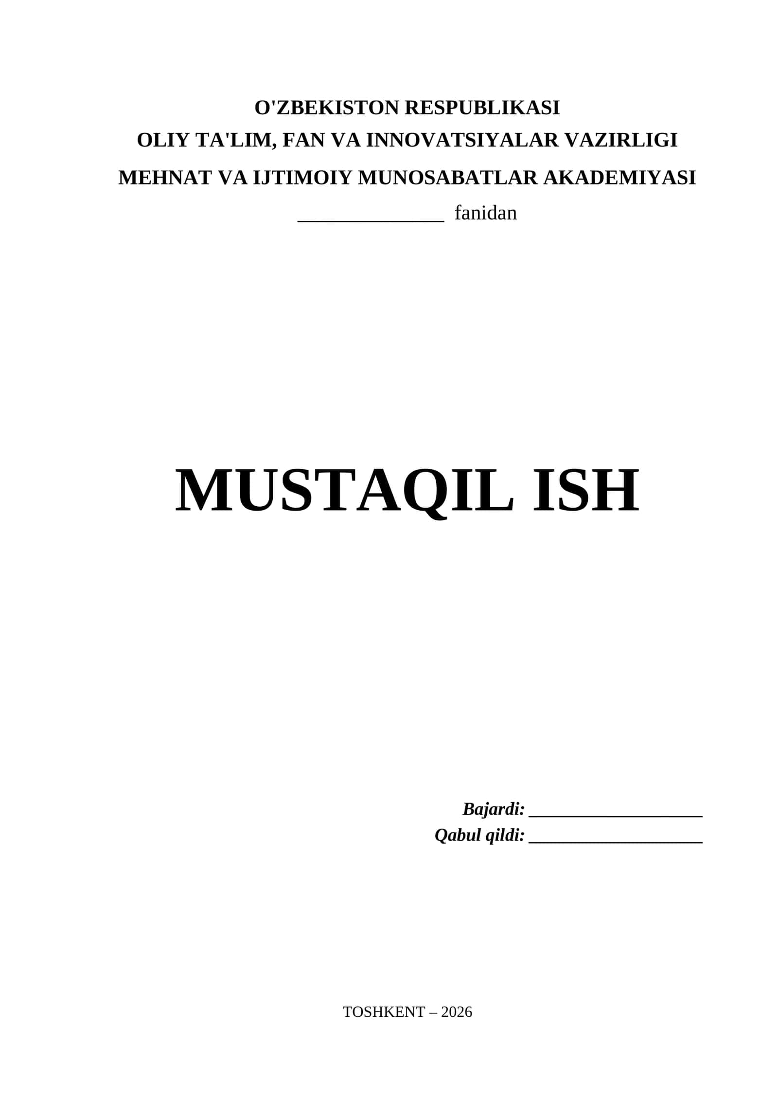 Mehnat va Ijtimoiy Munosabatlar Akademiyasi Mustaqil Ish Titul Varaq (.docx)