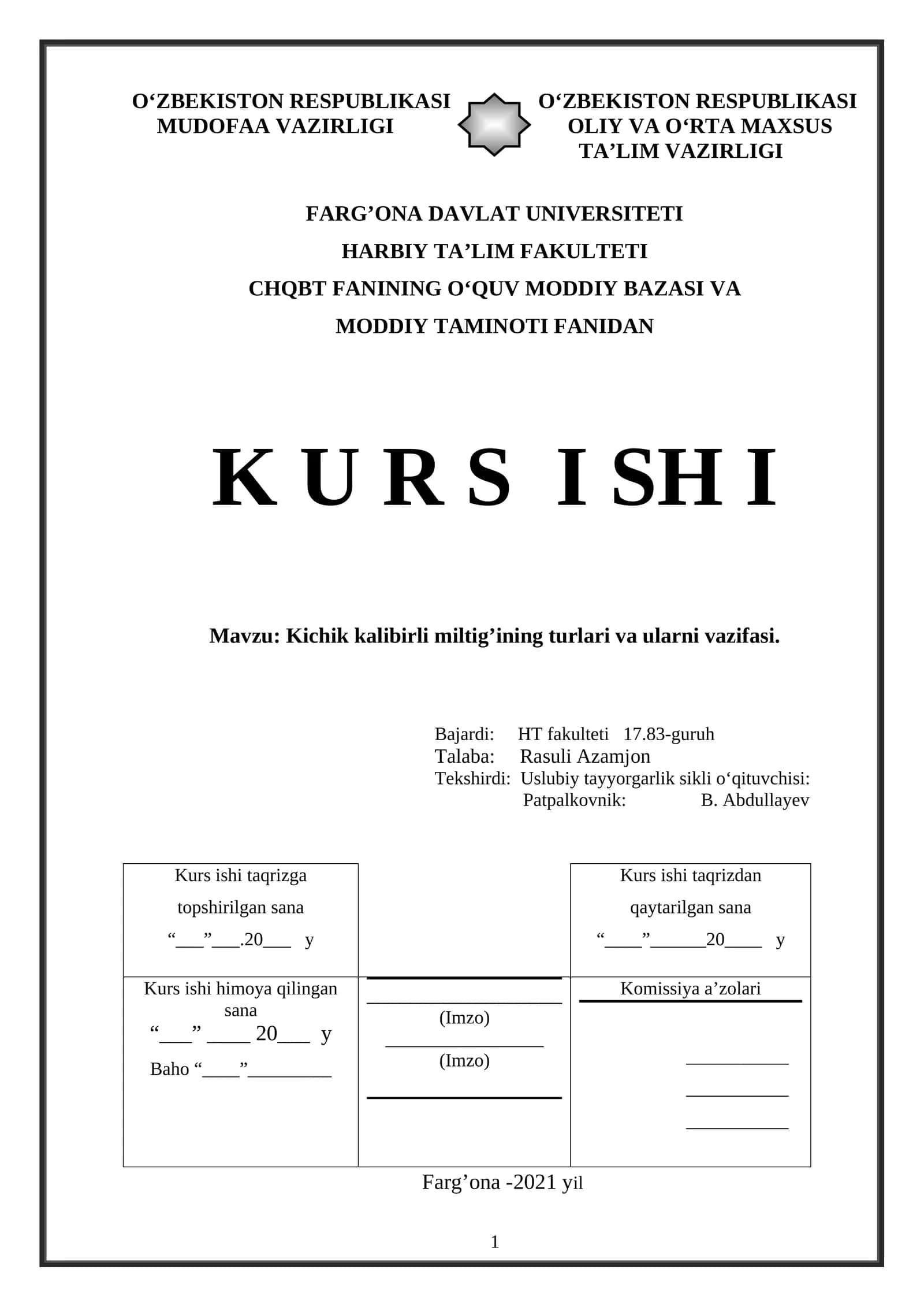 Kichik kalibirli miltig’ining turlari va ularni vazifasi