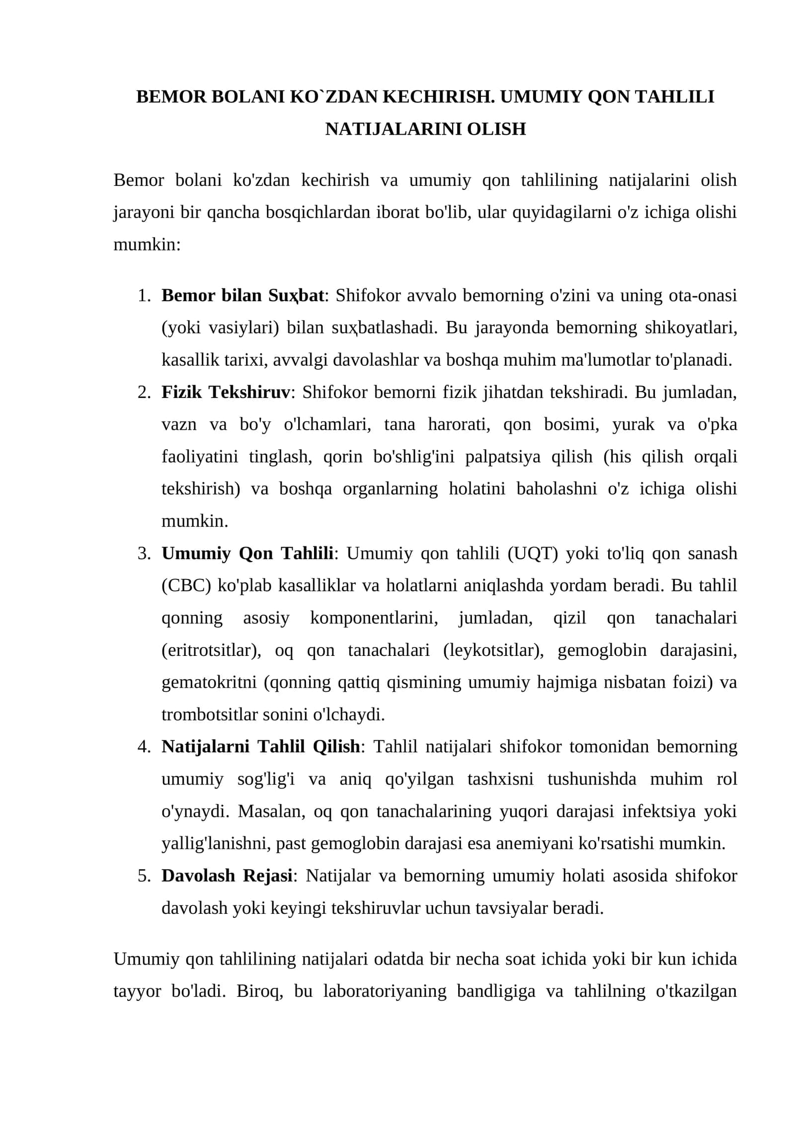 Bemor bolani ko'zdan kechirish va umumiy qon tahlilining natijalarini olash