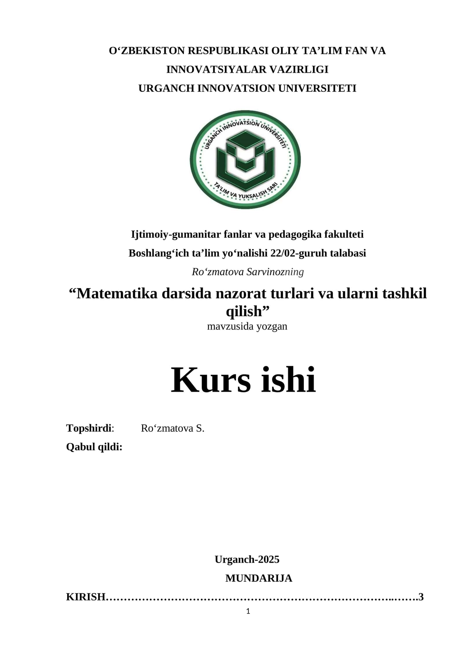 Matematika darsida nazorat turlari va ularni tashkil qilish