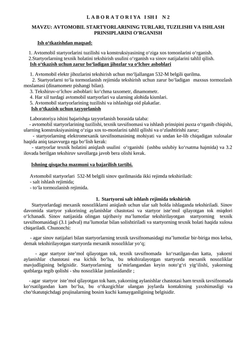 Avtomobil startyorlarining turlari, tuzilishi va ishlash prinsiplarini o’rganish